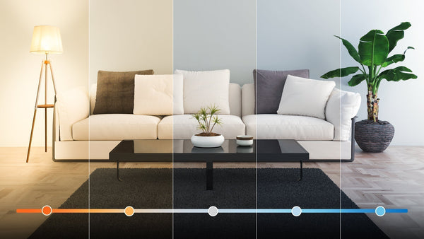 Color temperature scale showing warm 2700K to cool 5000K light in a living room
