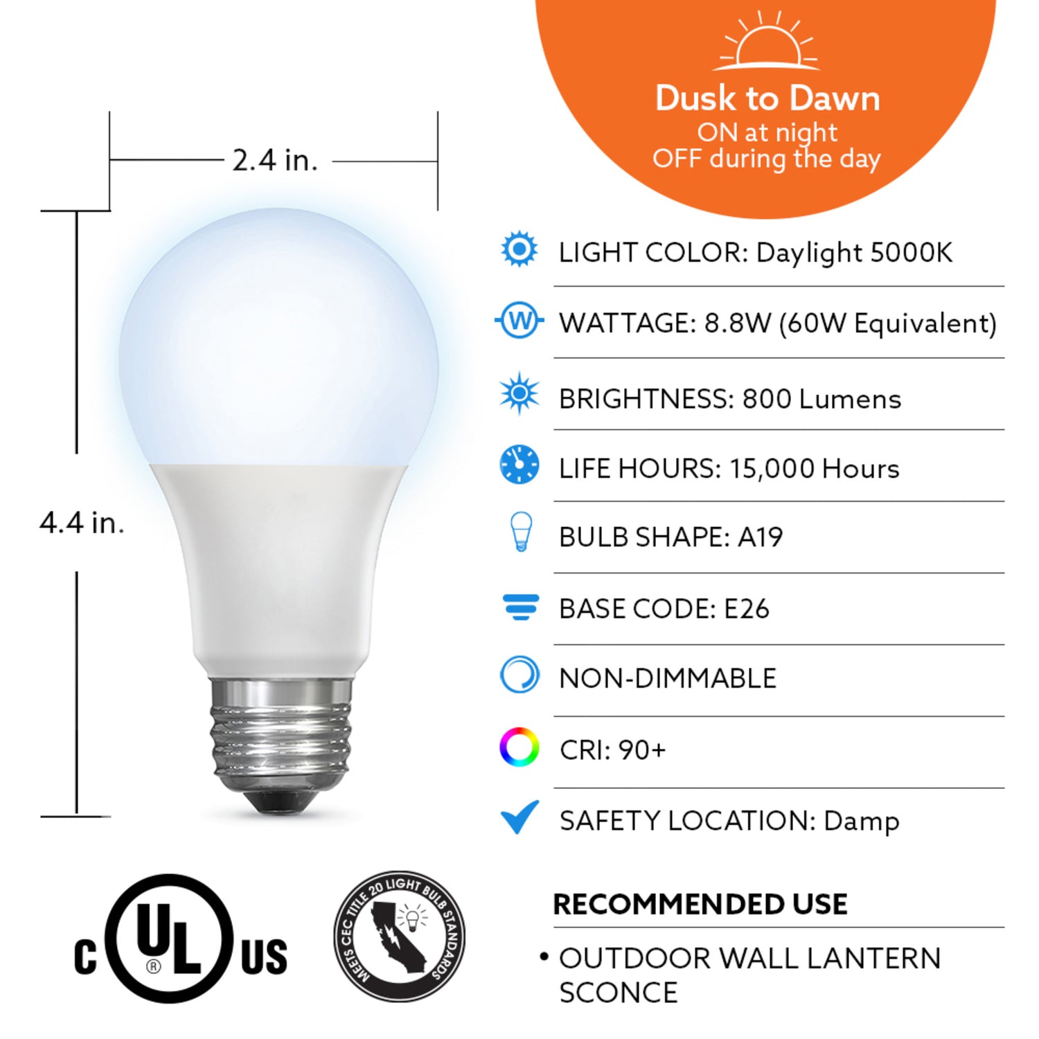 8.8W (60W Replacement) Daylight (5000K) A19 Dusk to Dawn Outdoor LED Light Bulb