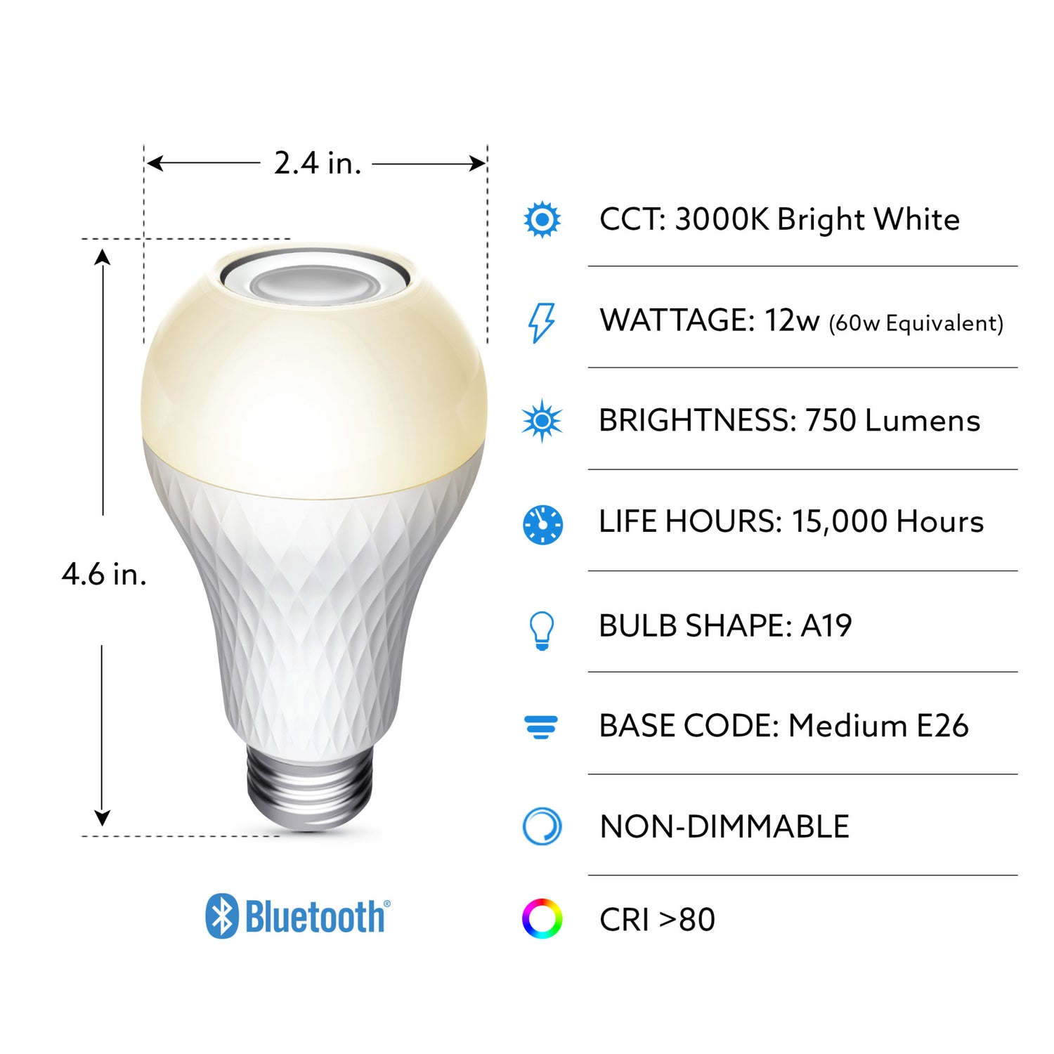 12W (60W Replacement) Bright White (3000K) A19 Light Bulb With Speaker