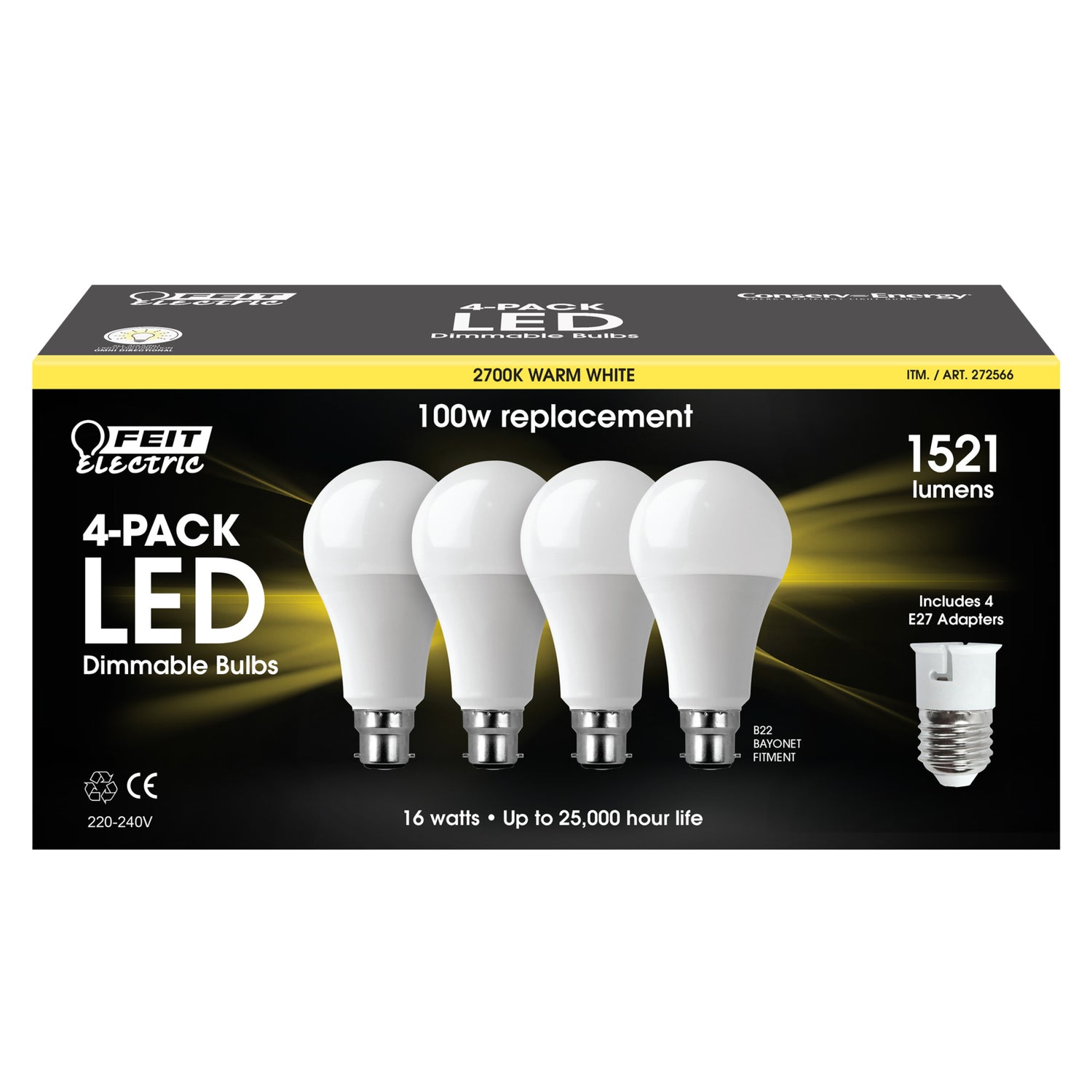 16W (100W Equivalent) Warm White (2700K) B22 Bayonet Fitment Dimmable LED Bulb with E27 Adapter (4-Pack)