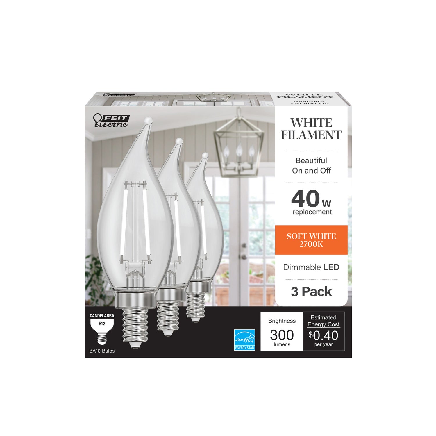 3.3W (40W Replacement) Soft White (2700K) Flame Tip BA10 (E12 Base) Exposed White Filament LED Bulb (3-Pack)