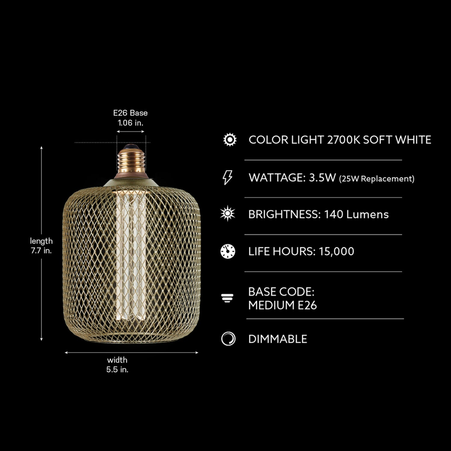 3.5W Soft White (2700K) Large Gold Mesh Cage Acrylic LED Bulb