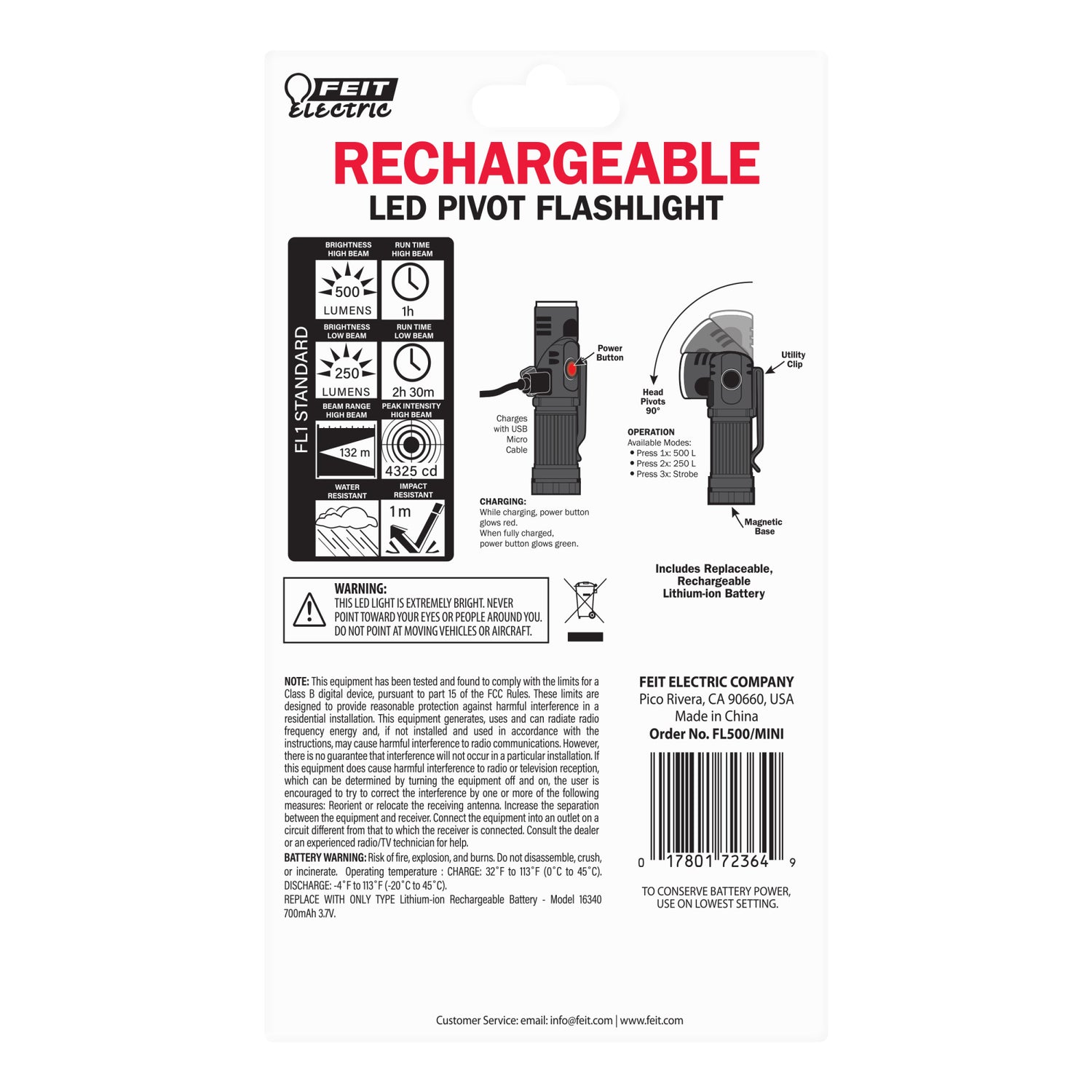 Rechargeable LED Pivot Flashlight with Magnetic Base and Clip