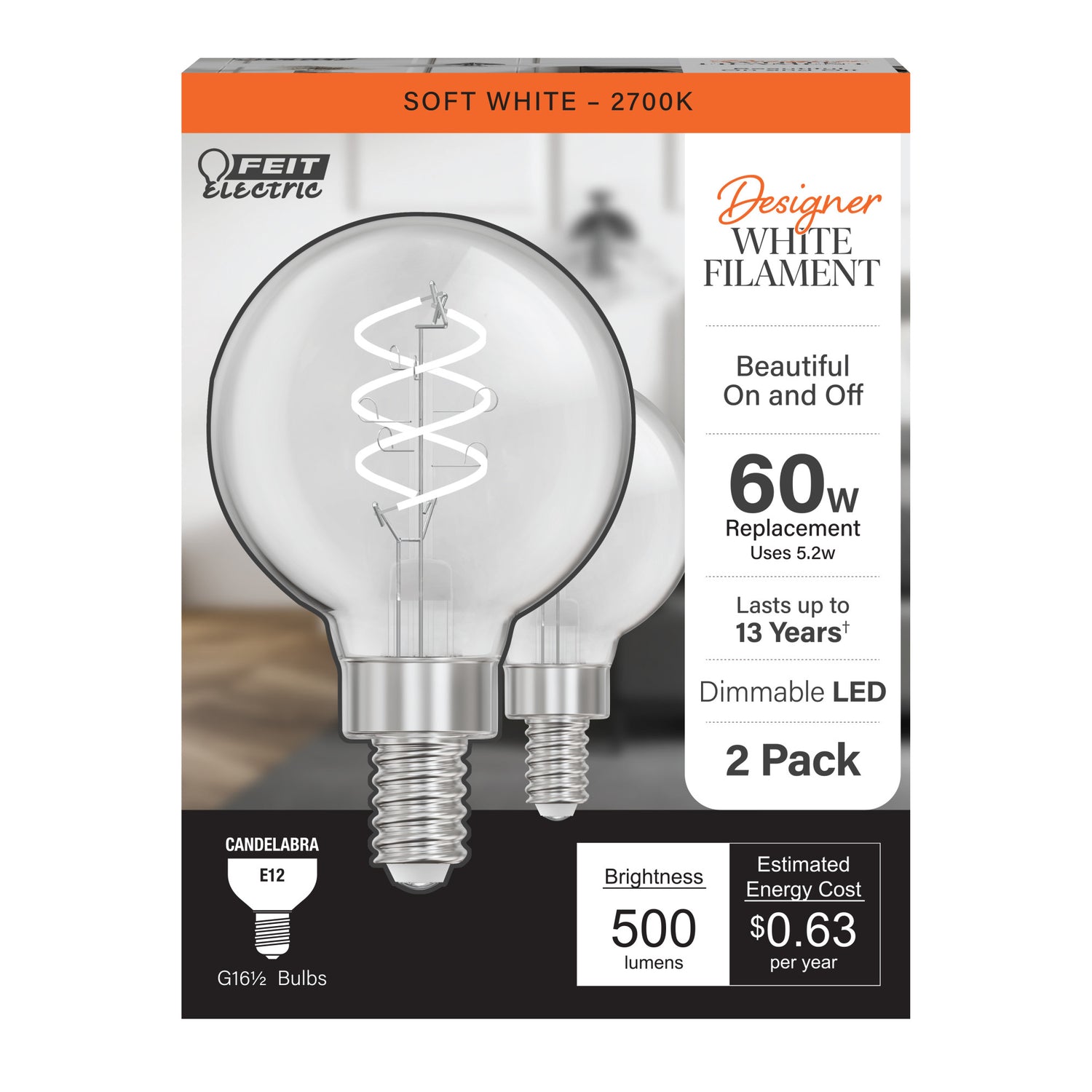5.2W (60W Equivalent) Soft White (2700K) G16 1/2 Globe Shape (E12 Base) Spiral Exposed White Filament LED Bulb (2-Pack)