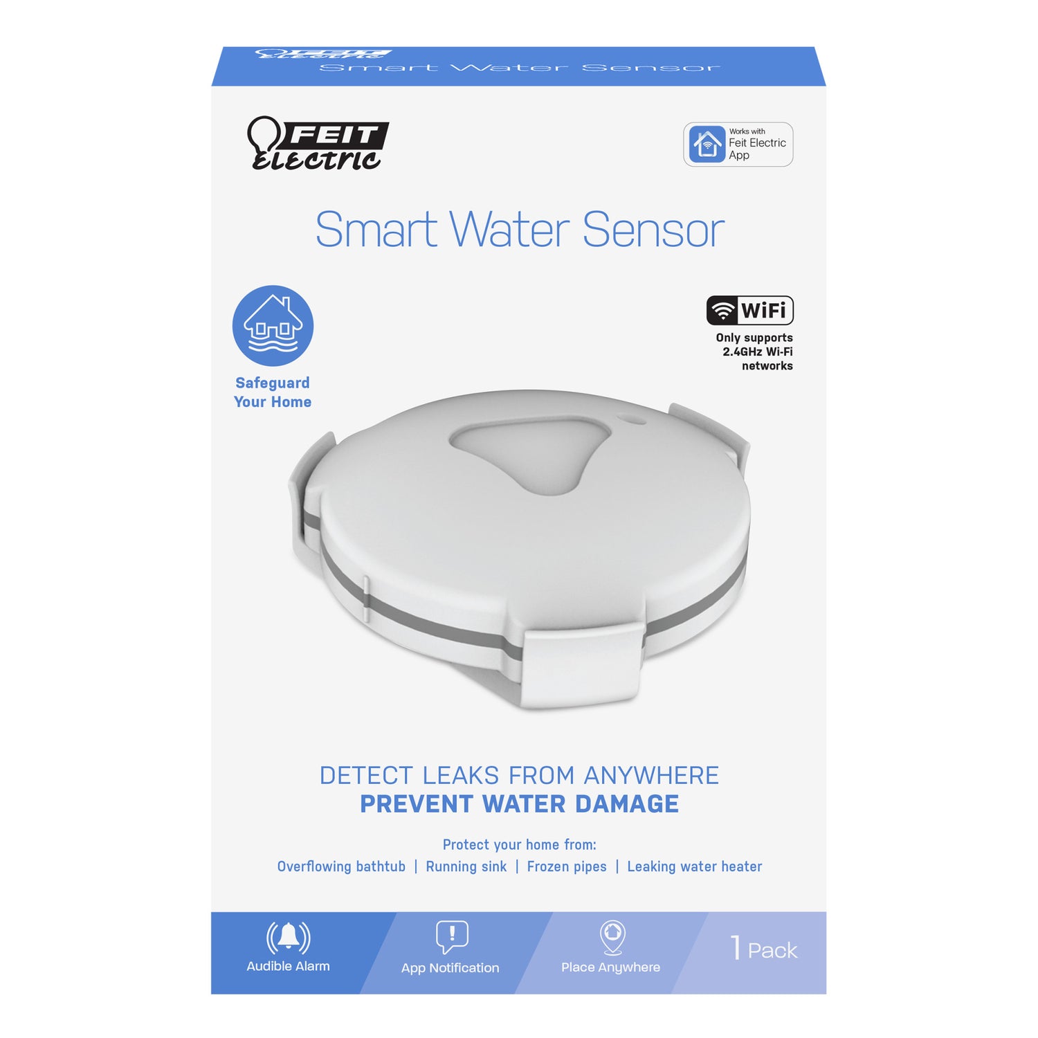 Battery-Powered Smart Home Wi-Fi Connected Wireless Water Sensor, No Hub Required
