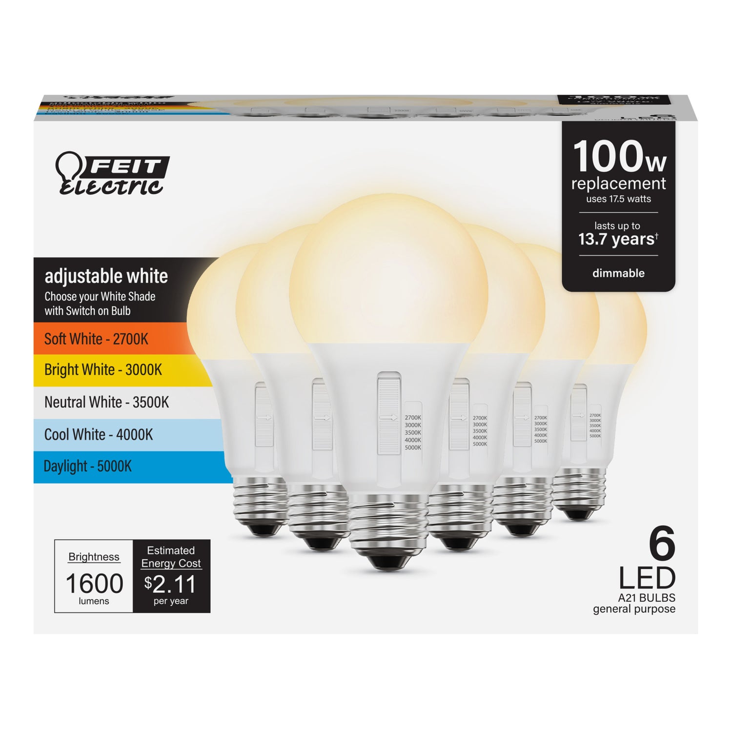 17.5W (100W Replacement) Adjustable White E26 Base A21 LED Bulb (6-Pack)