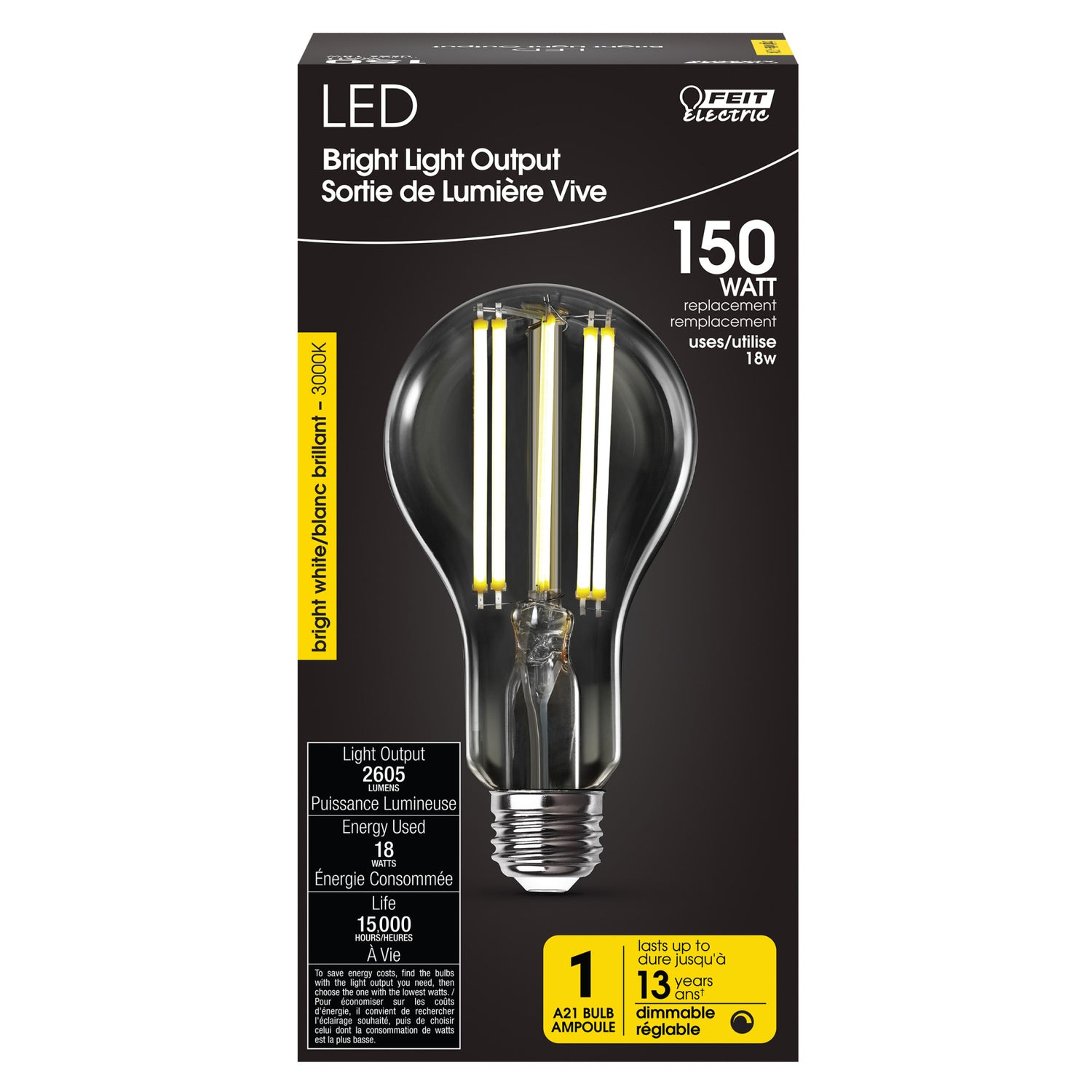 18W (150W Replacement) Bright White (3000K) A21 E26 Base Dimmable Bright Light Output LED Filament Light Bulb