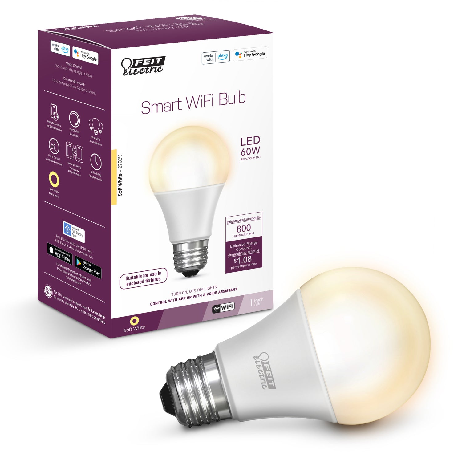 9W (60W Replacement) Soft White (2700K) E26 Base A19 LED Alexa Google Smart Wi-Fi Bulb