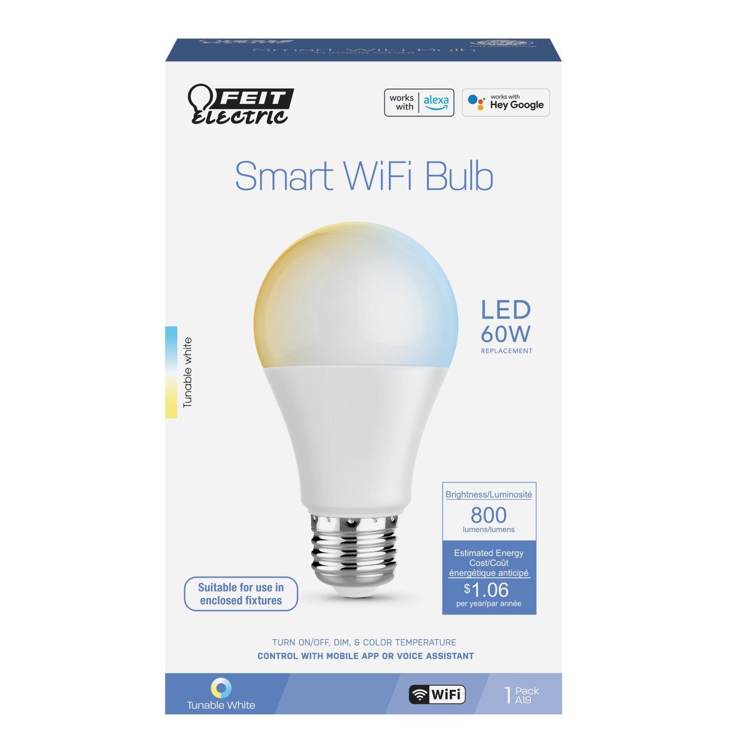 8.8W (60W Replacement) Tunable White E26 Base A19 Smart WiFi LED Light Bulb