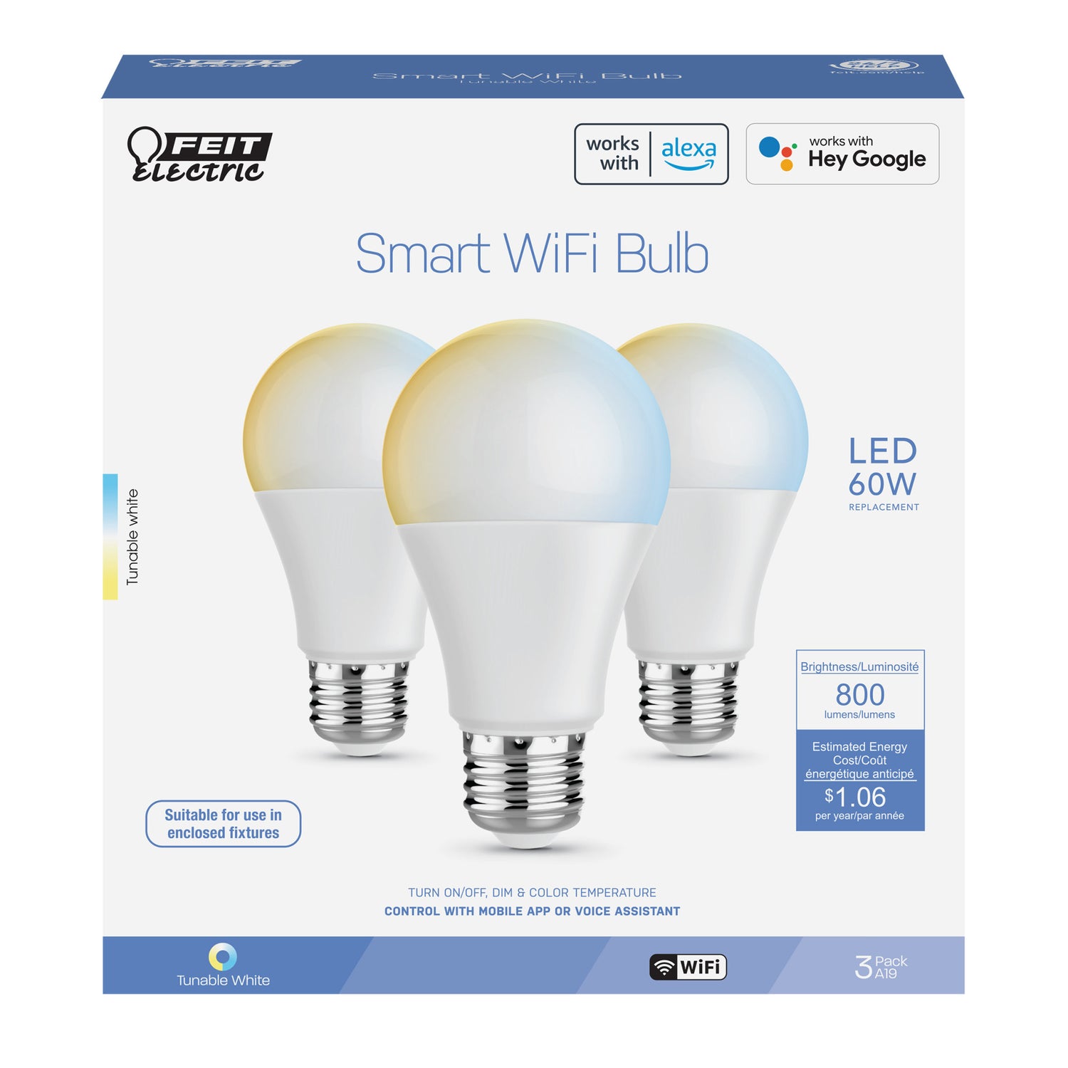 8.8W (60W Replacement) Tunable White E26 Base A19 Smart WiFi LED Light Bulb (3-Pack)