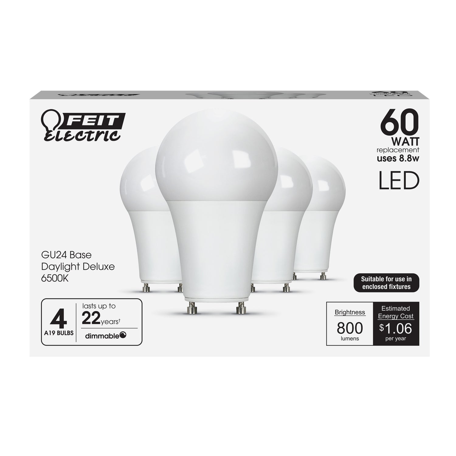 8.8W (60W Replacement) Daylight Deluxe (6500K) GU24 Base A19 Dimmable General Purpose LED Bulb (4-Pack)