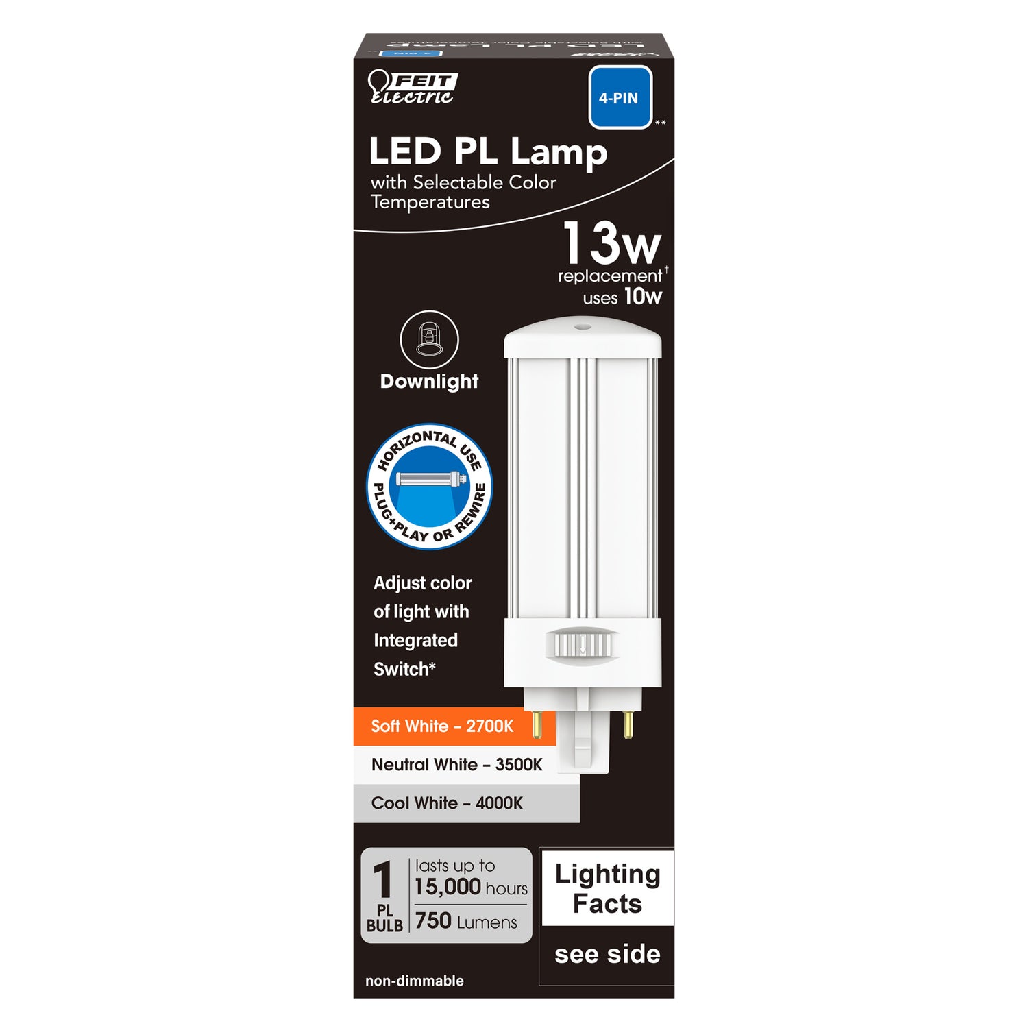 10W (13W Replacement) Color Selectable G24q-1 Base 4-pin Base Direct Replacement and Ballast Bypass (Type AB) Horizontal PL LED