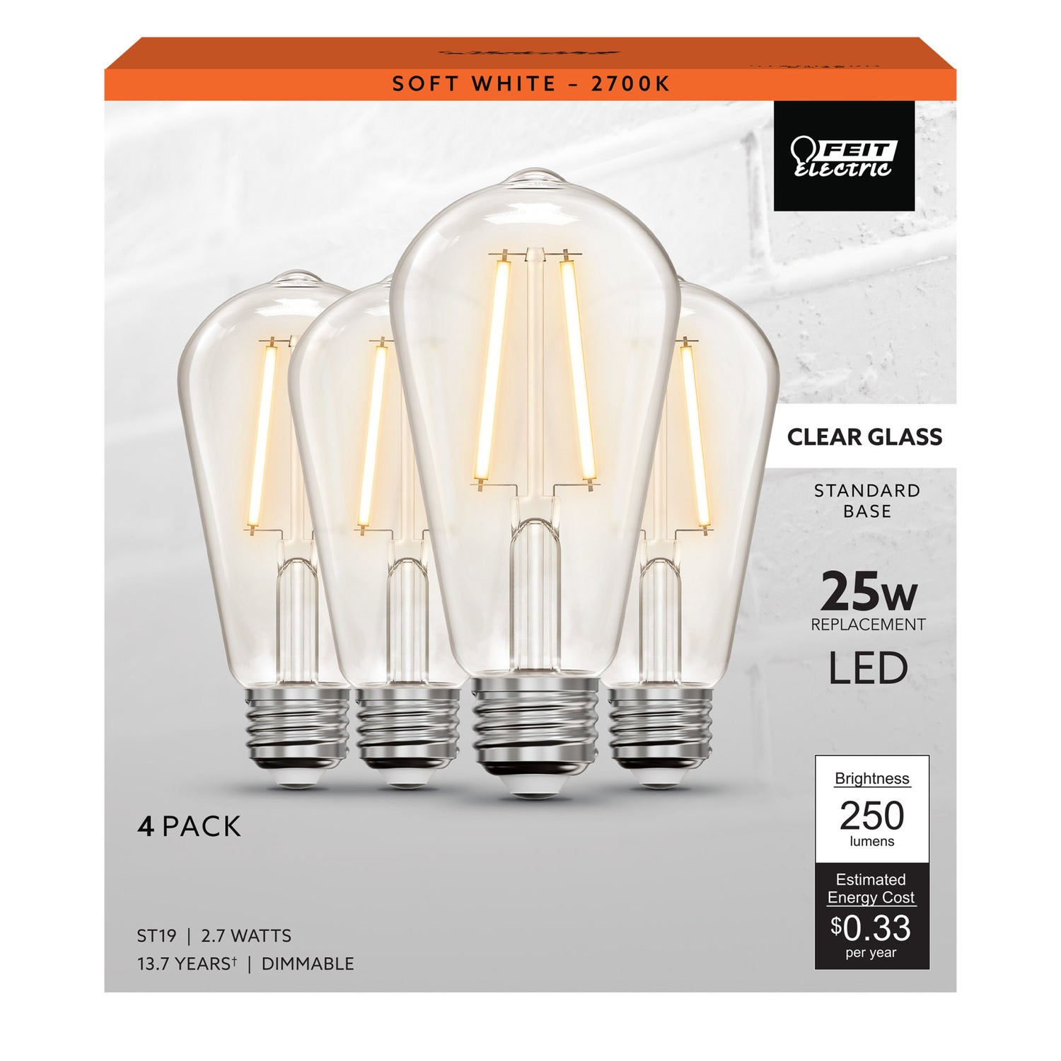 2.7W (25W Replacement) ST19 E26 Clear Glass Vintage Edison LED Light Bulb, Soft White (4-Pack)