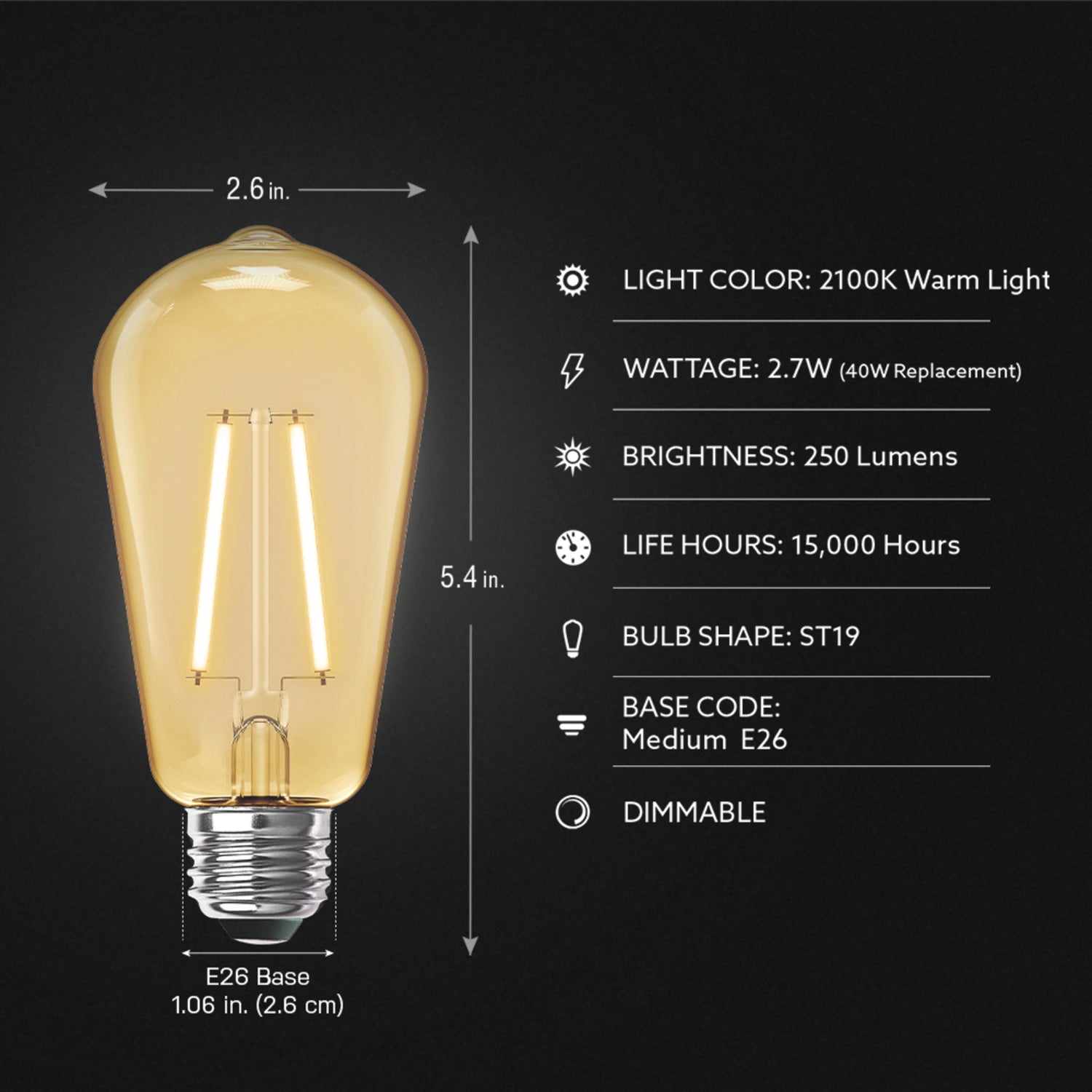 2.7W (25W Replacement) ST19 E26 Amber Glass Vintage Edison LED Light Bulb, Warm Light (4-Pack)