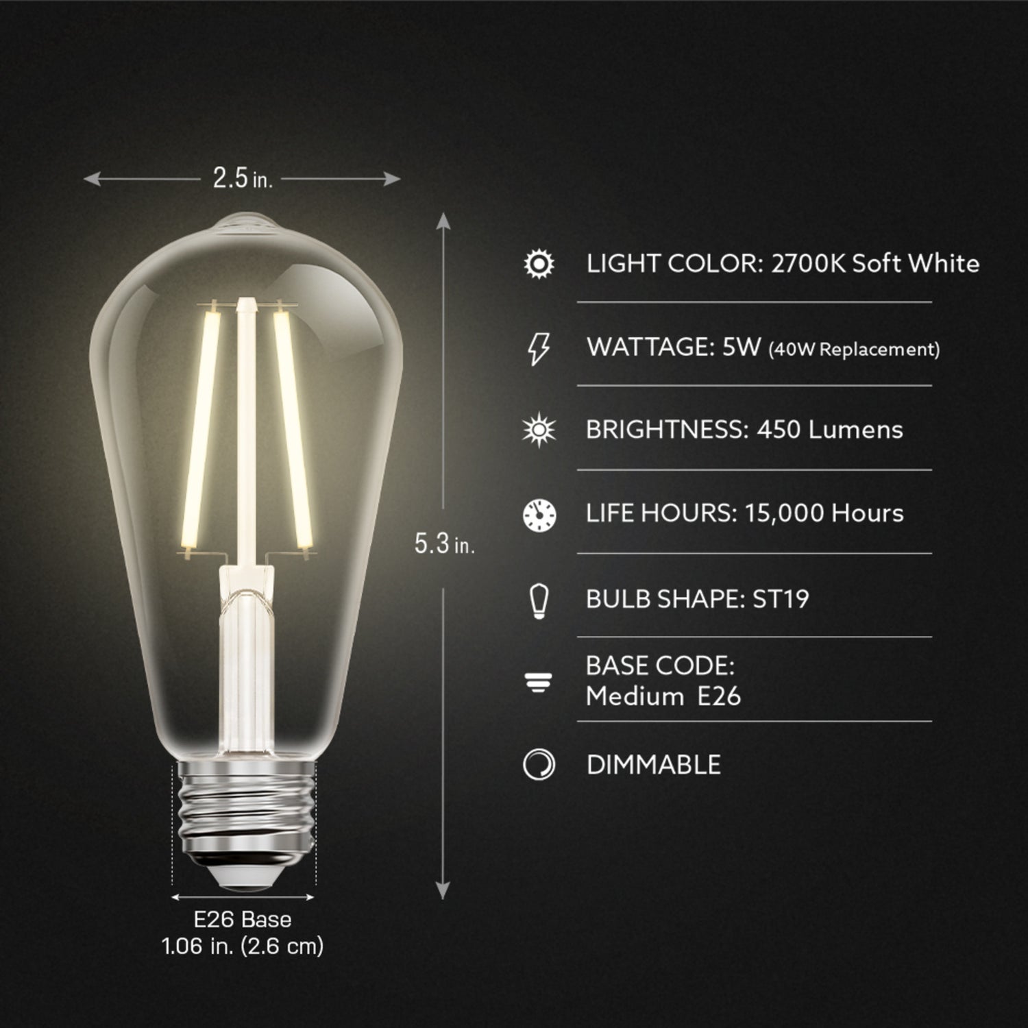 5W (40W Replacement) ST19 E26 Clear Glass Vintage Edison LED Light Bulb, Soft White (4-Pack)