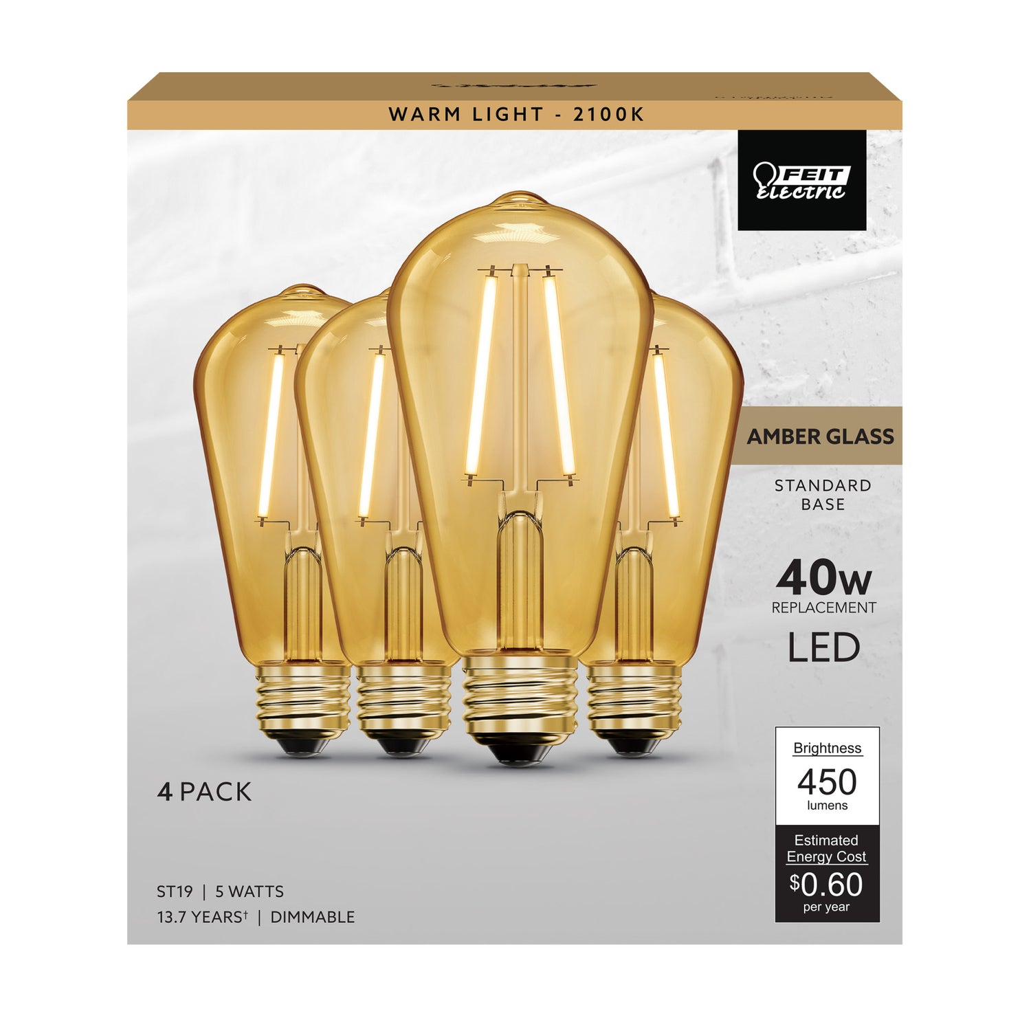5W (40W Replacement) ST19 E26 Amber Glass Vintage Edison LED Light Bulb, Warm Light (4-Pack)