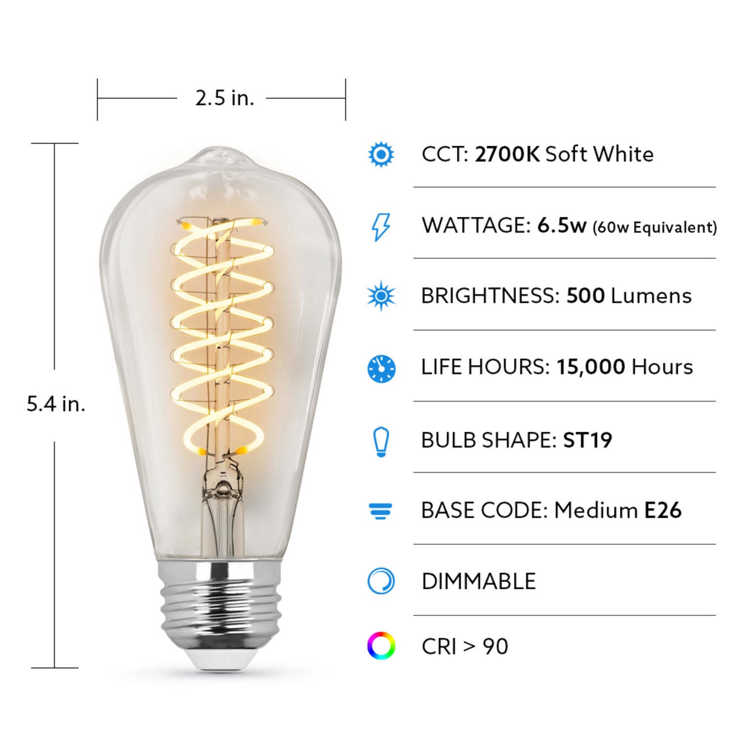 6.5W (60W Replacement) ST19 E26 Dimmable Spiral Filament Clear Glass Vintage Edison LED Light Bulb, Soft White