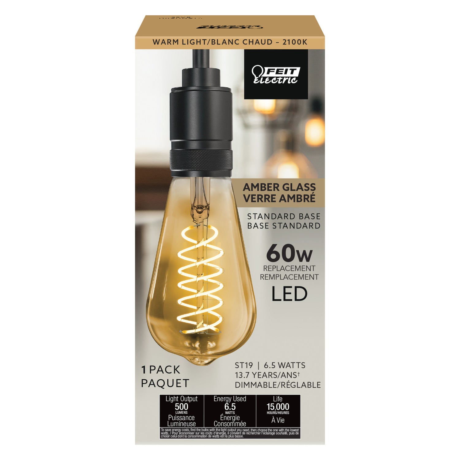 6.5W (60W Replacement) ST19 E26 Dimmable Spiral Filament Amber Glass Vintage Edison LED Light Bulb, Warm Light
