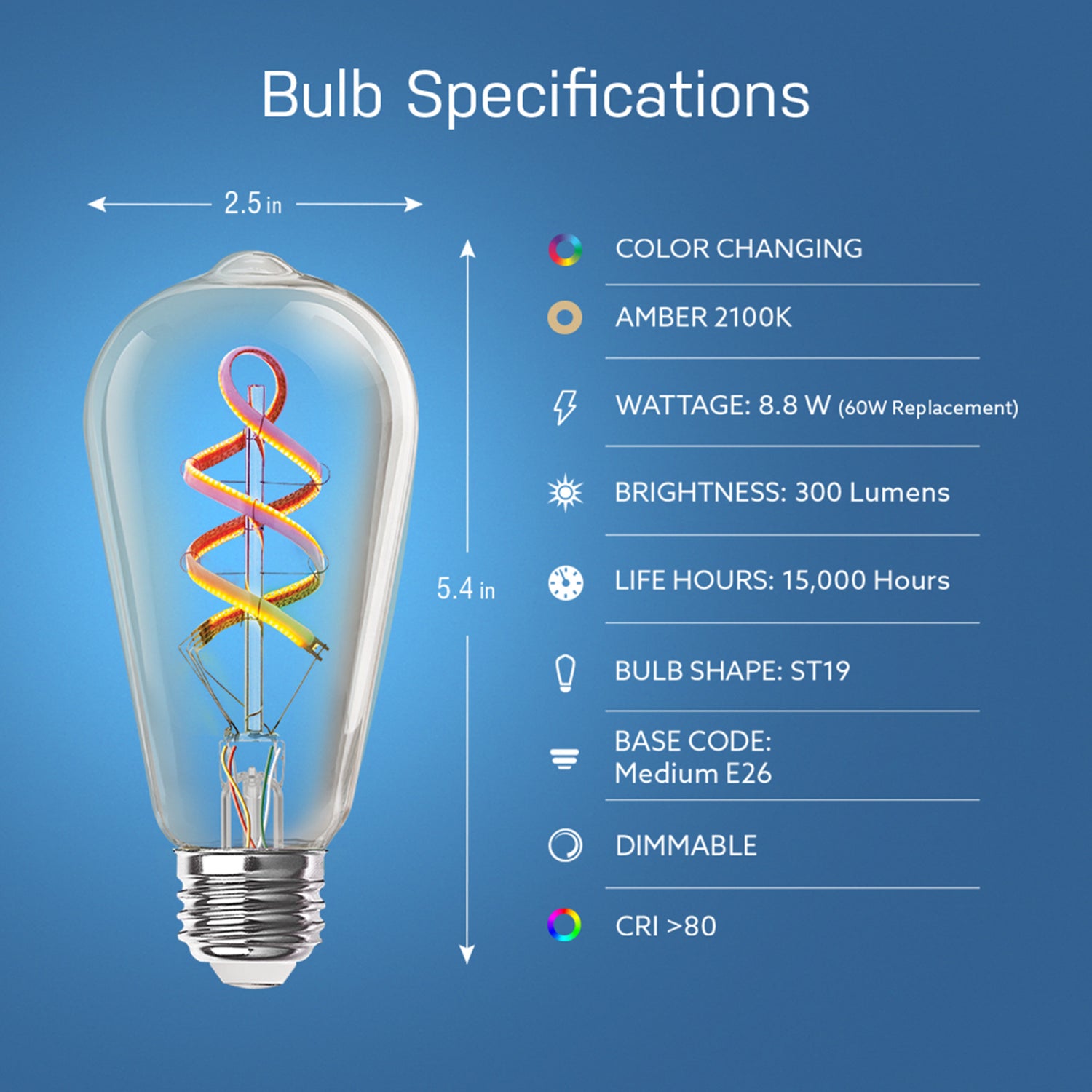 60W Replacement ST21 E26 Dimmable Color Changing Spiral Filament Vintage Decorative Smart Wifi LED Light Bulb