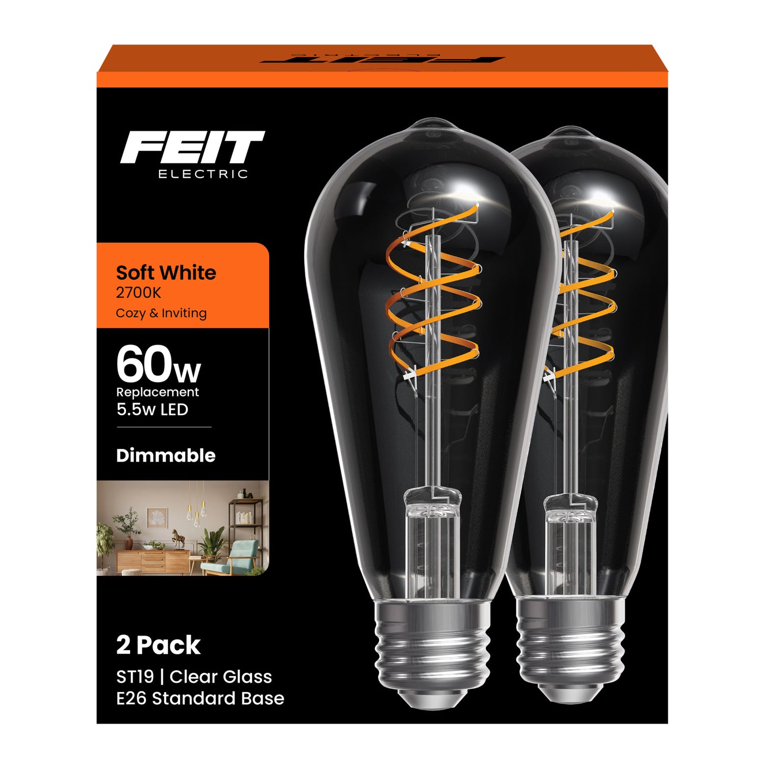 5.5W (60W Replacement) ST19 E26 Dimmable Spiral Filament Clear Glass Vintage Edison LED Light Bulb, Soft White (2-Pack)