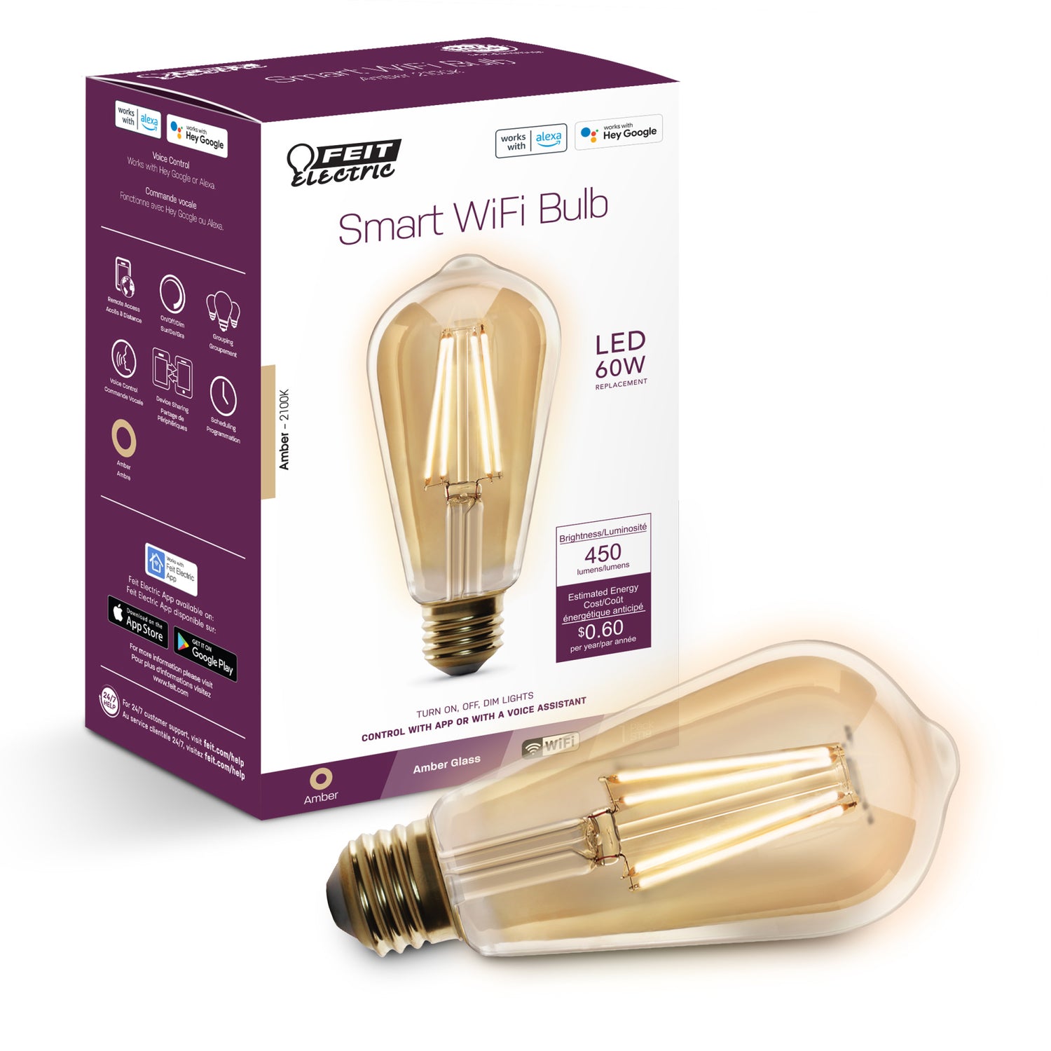 5W (60W Replacement) Amber (2100K) Vintage ST19 Smart Wi-Fi LED Light Bulb