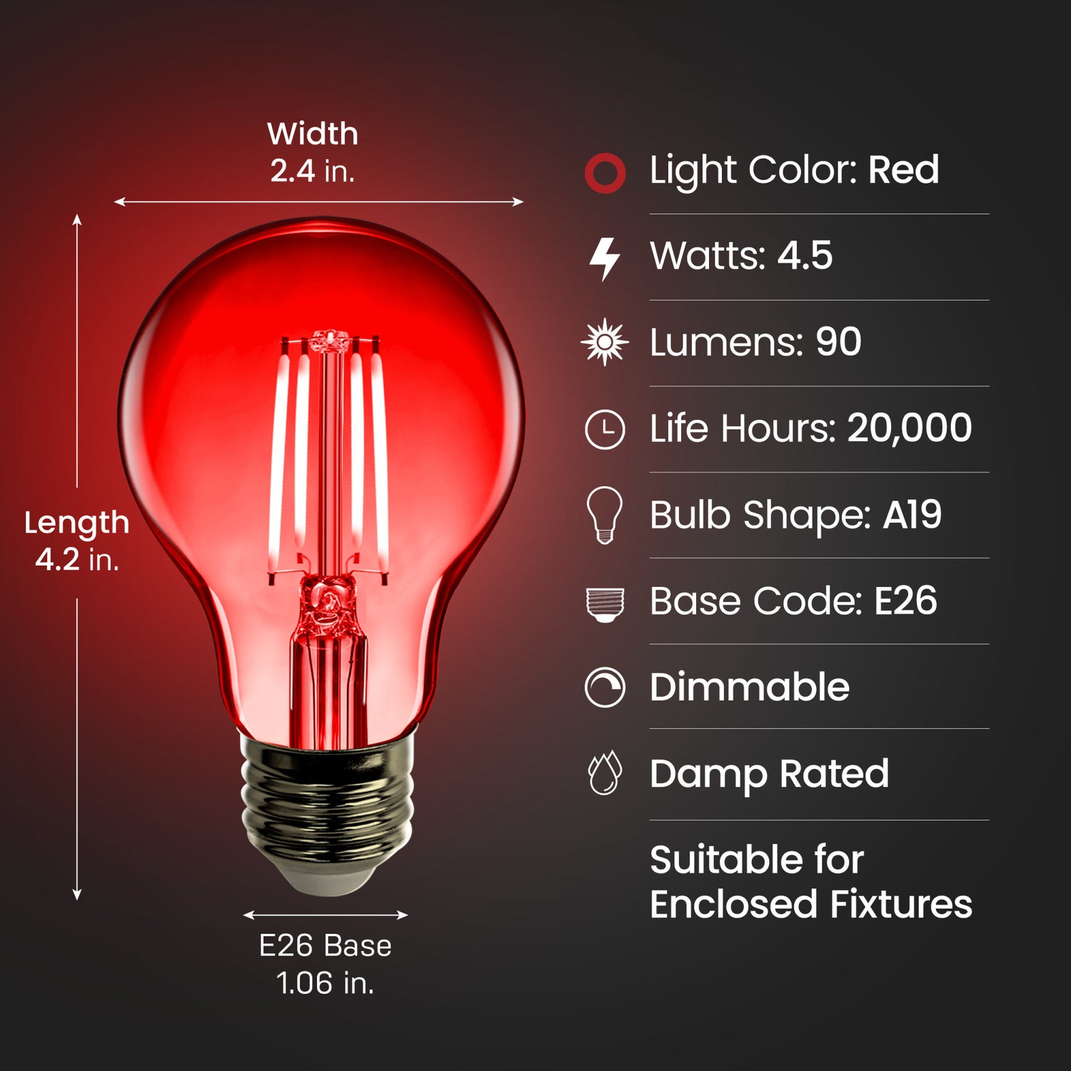 4.5W A19 Red Filament LED Filament Light Bulb