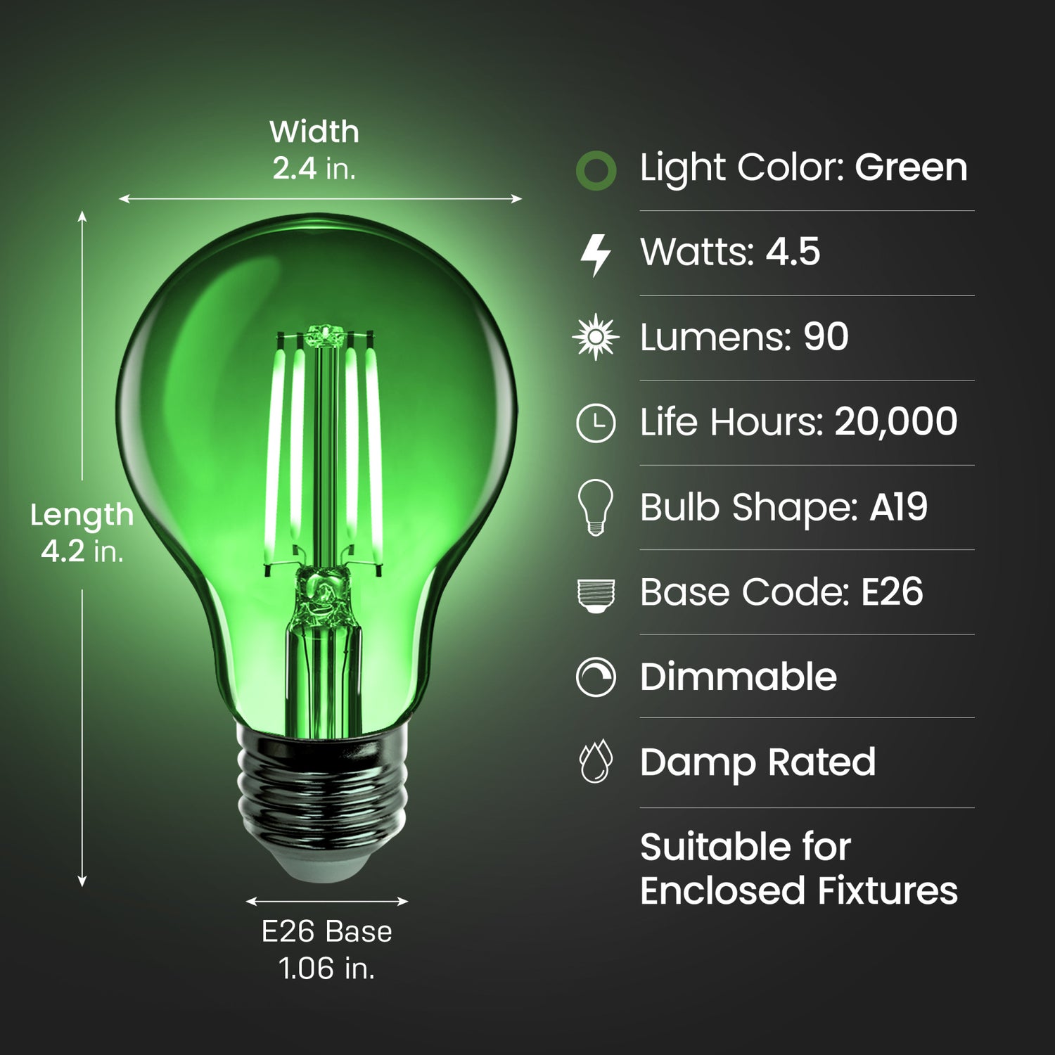 4.5W A19 Green Filament LED Filament Light Bulb