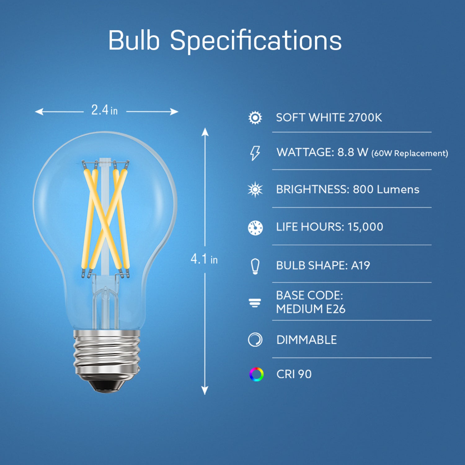 8.8W (60W Replacement) Soft White (2700K) E26 Base Vintage A19 Dimmable Filament Alexa Google Smart Bulb