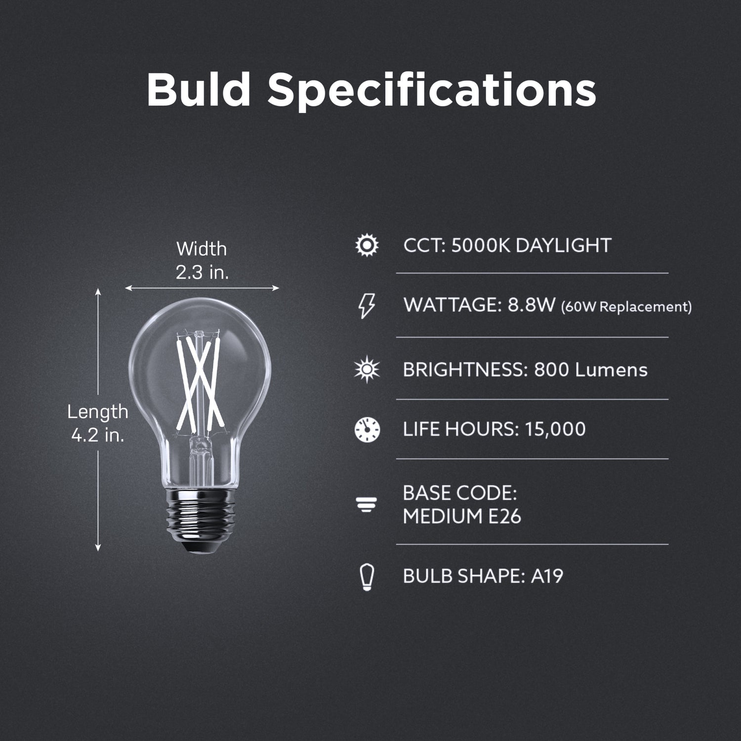 8.8W (60W Replacement) Daylight (5000K) E26 Base A19 Dusk to Dawn Filament LED