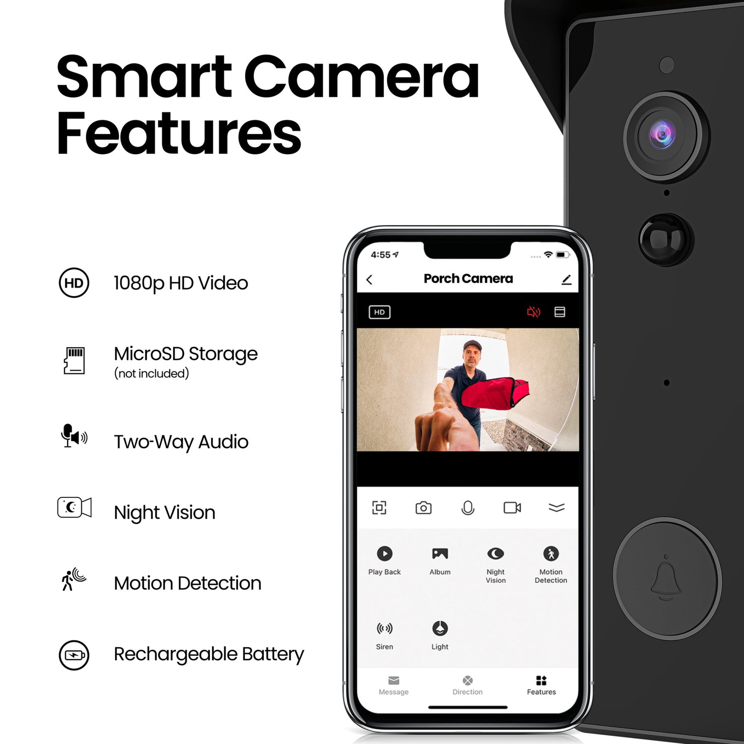 Wired or Battery-Powered Smart Wi-Fi Video Doorbell Camera with Motion Detection and Two-Way Audio