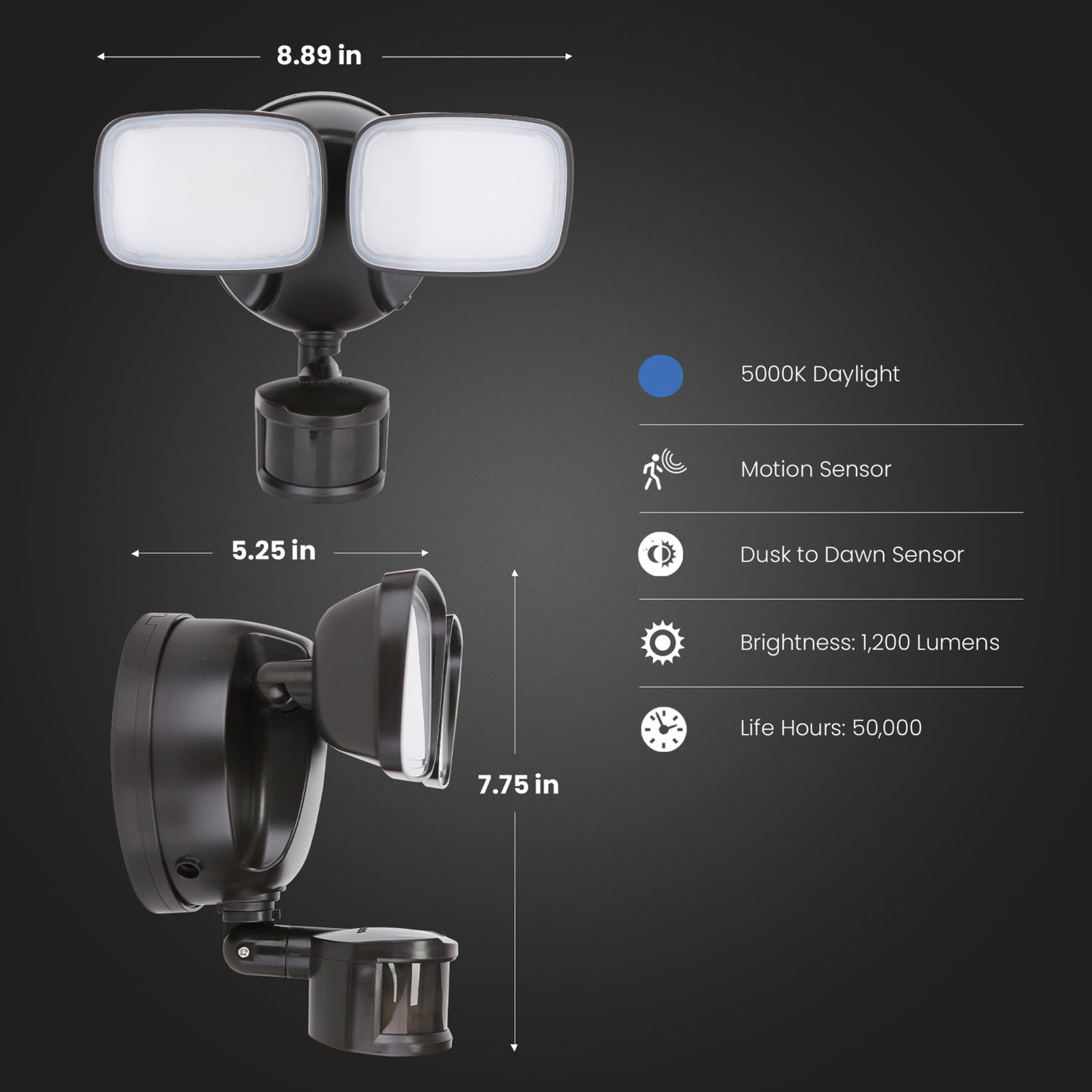 9.5 in. Daylight White (5000K) Bronze Dual Head LED Flood Solar Security Lights with Motion Sensor