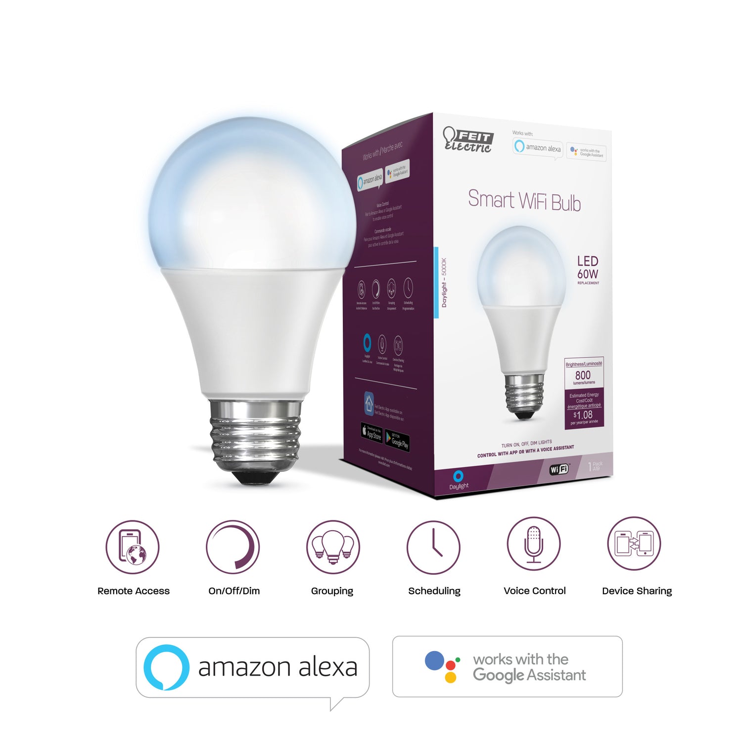 9W (60W Replacement) Daylight (5000K) E26 Base A19 Dimmable Alexa Google Smart Wi-Fi LED Light Bulb