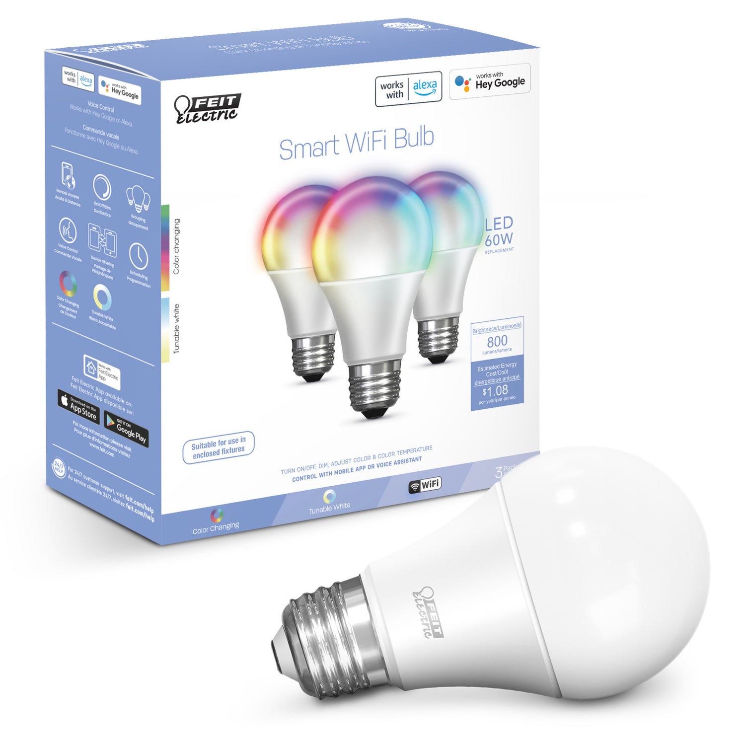 9W (60W Replacement) Color Changing A19 Dimmable Alexa Google Smart Bulb (12 3-Packs)