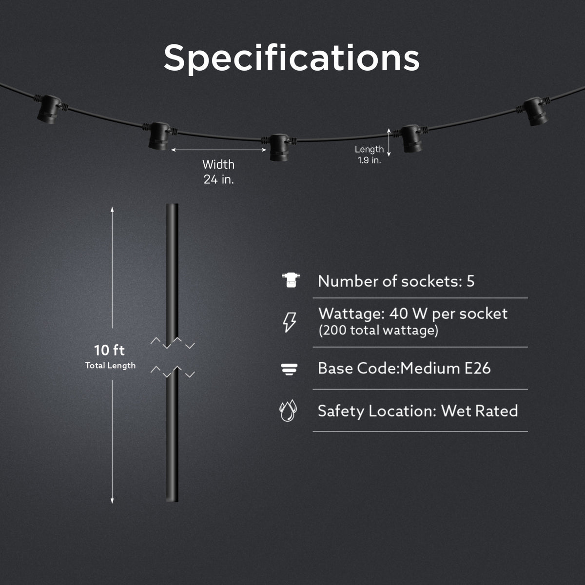 Socket With String 5 Socket 10-foot String Light Strand Without Bulbs