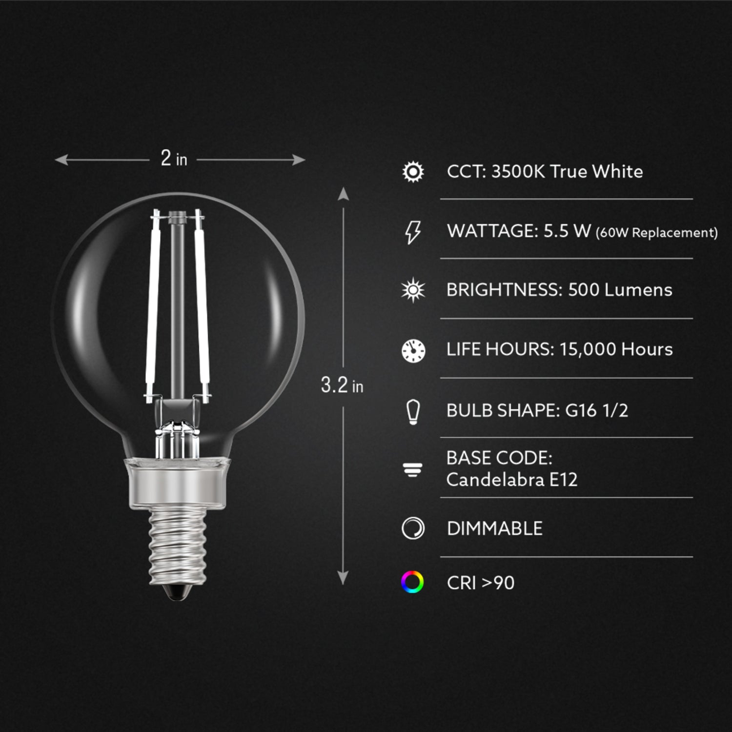 5.5W (60W Replacement) True White (3500K) G16 1/2 Globe Shape (E12 Base) Exposed White Filament LED Bulb (2-Pack)