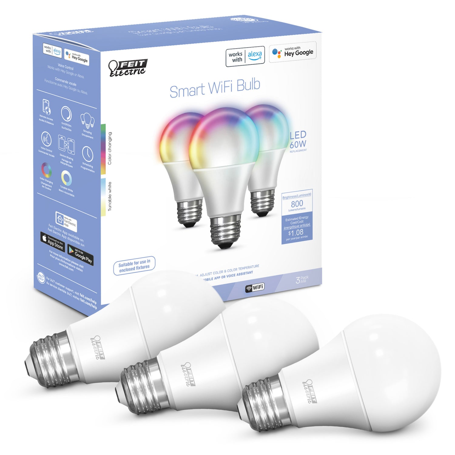9W (60W Replacement) Color Changing A19 Dimmable Alexa Google Smart Bulb (12 3-Packs)