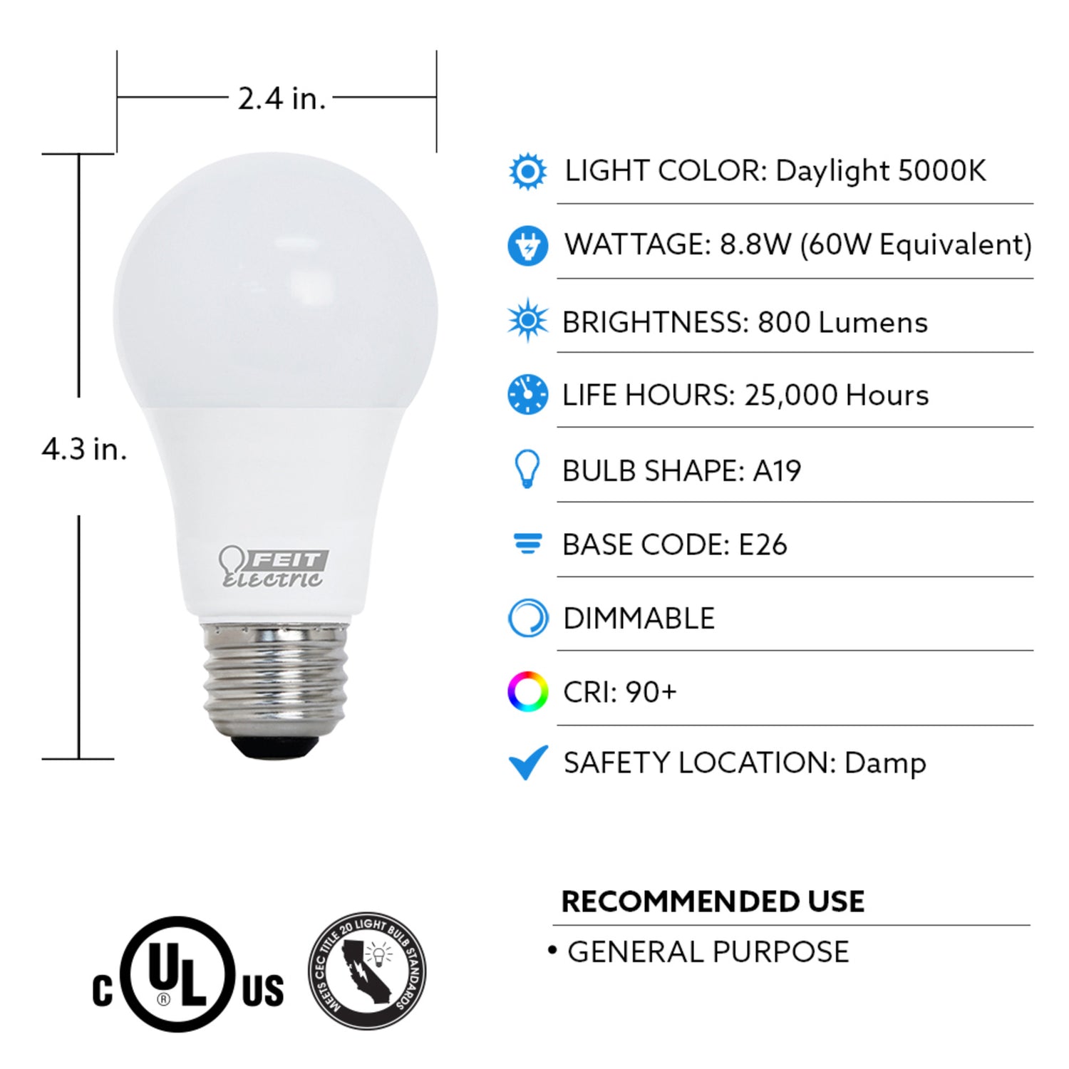8.8W (60W Replacement) Daylight (5000K) A19 E26 Base Dimmable LED Bulb (4-Pack)