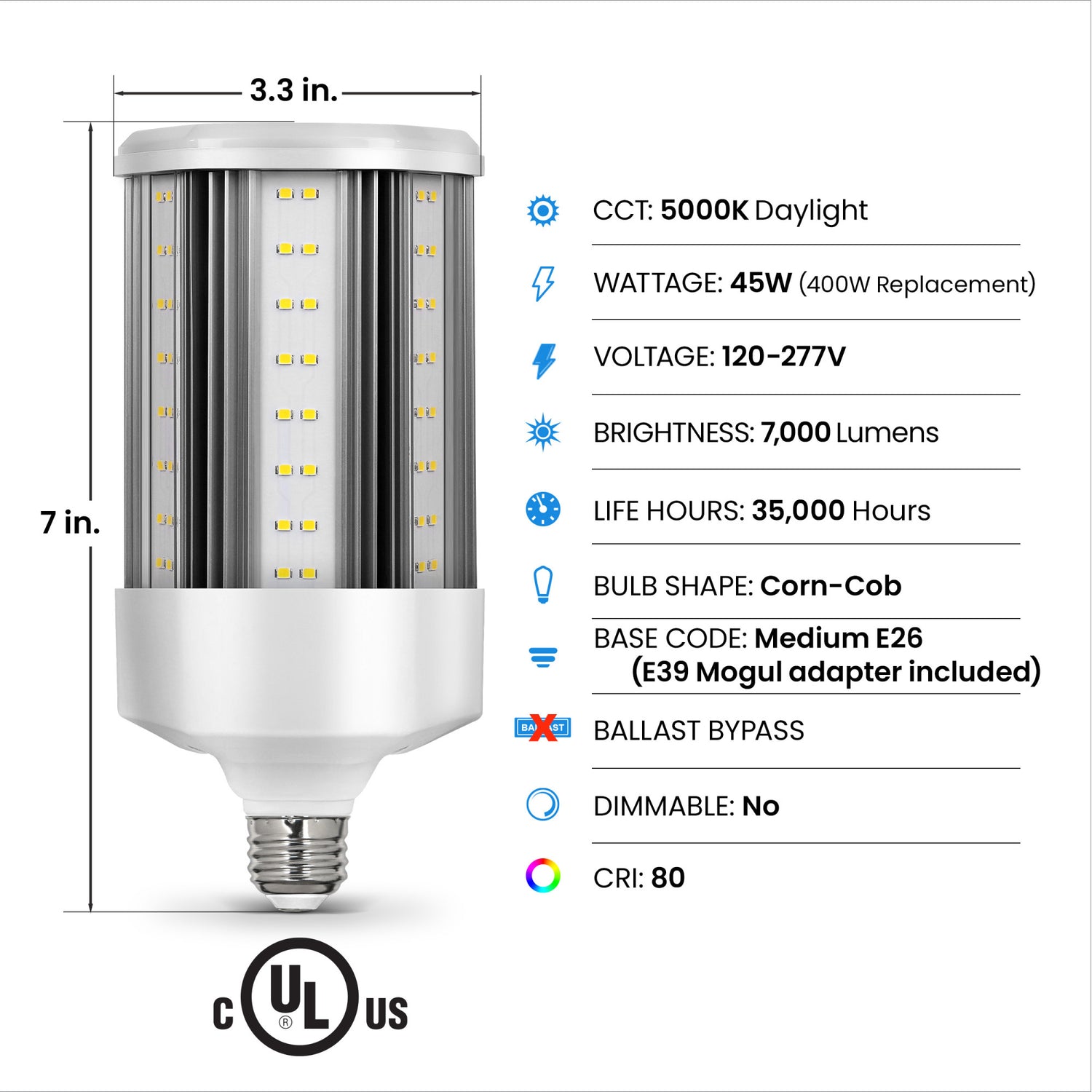 45W (400W Replacement) Daylight (5000K) Corn Cob E26 Base with E39 Mogul Adapter High Lumen HID Utility LED Light Bulb
