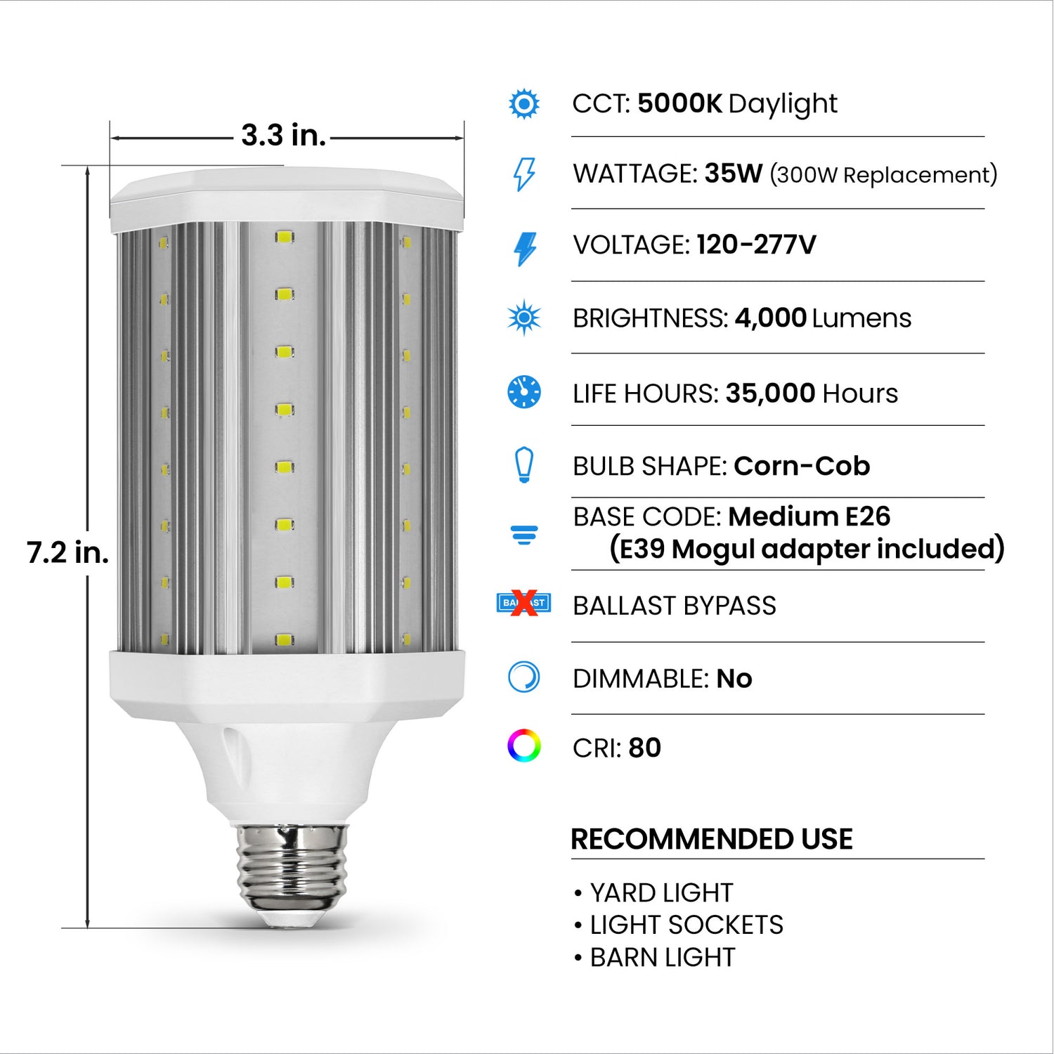 35W (300W Replacement) Daylight (5000K) Corn-Cob High Output LED Light Bulb