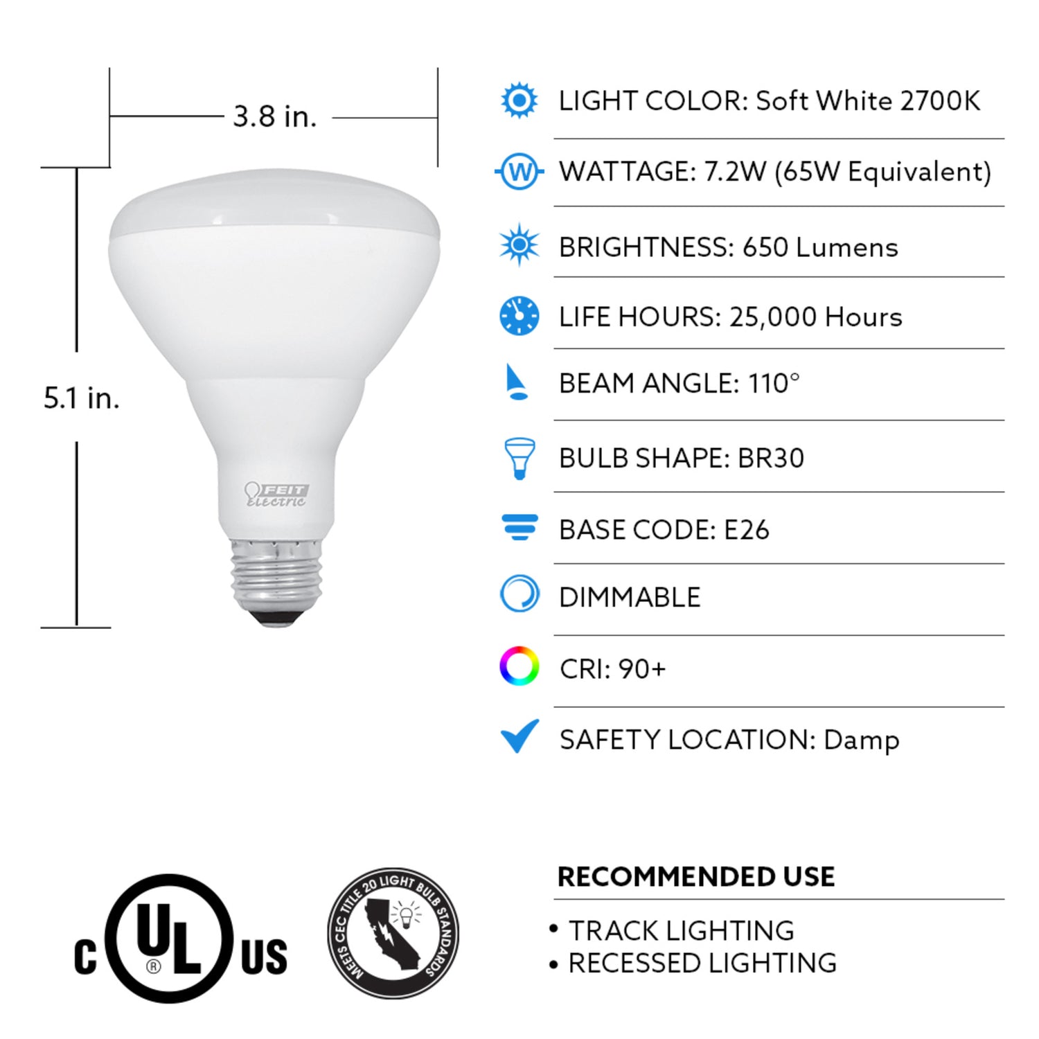 7.2W (65W Replacement) Soft White (2700K) BR30 Dimmable Enhance Reflector LED (3-Pack)