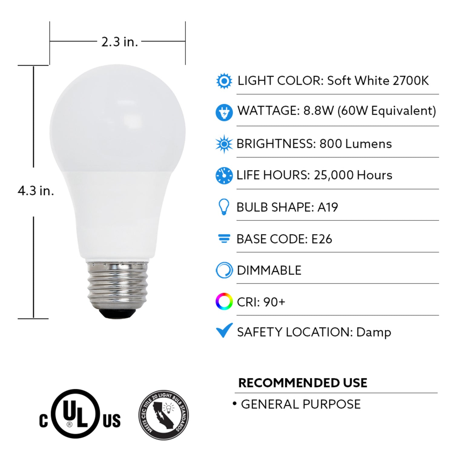 8.8W (60W Replacement) Soft White (2700K) A19 E26 Base Dimmable LED