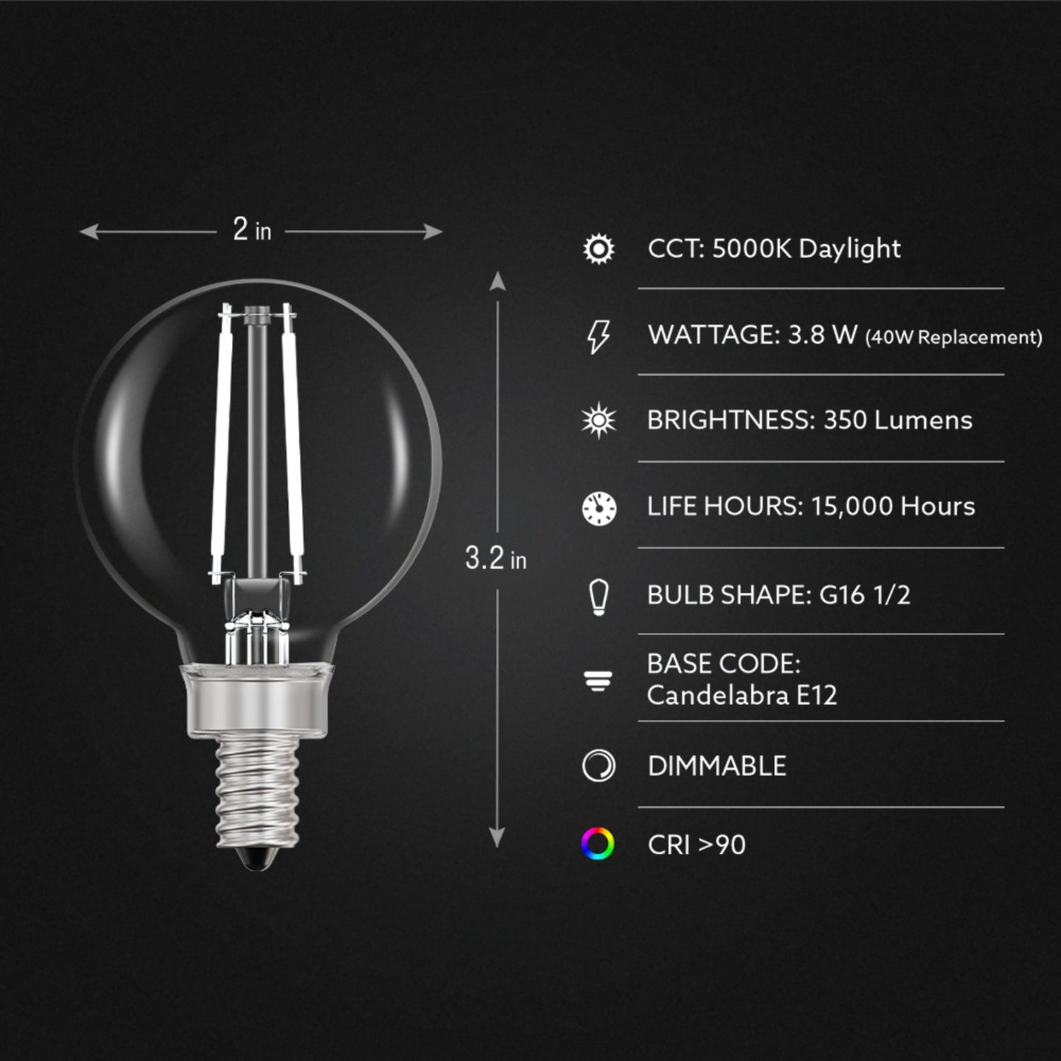 3.8W (40W Replacement) Daylight (5000K) G16 1/2 Globe Shape (E12 Base) Exposed White Filament LED Bulb (2-Pack)