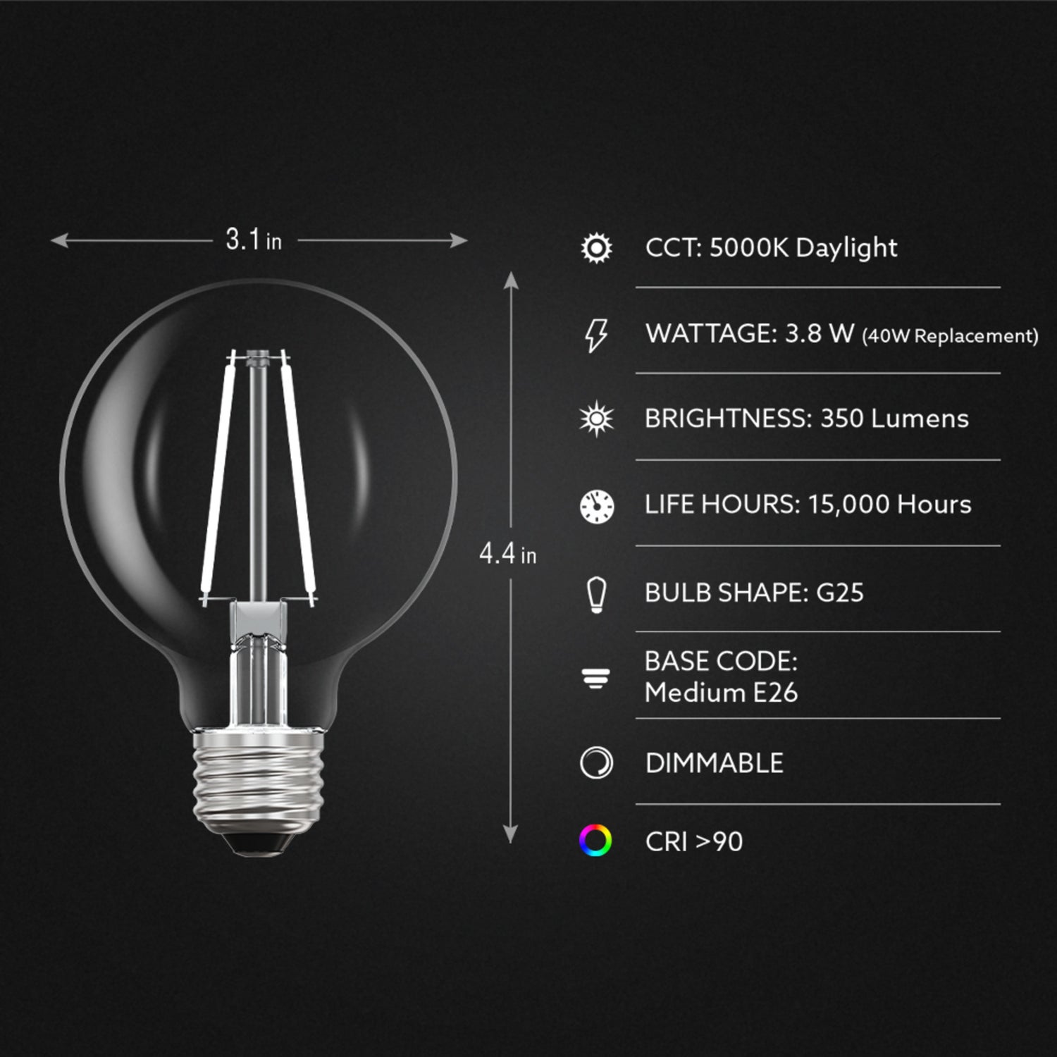 3.8W (40W Replacement) Daylight (5000K) Globe Shape (E26 Base) Exposed White Filament LED Bulb (3-Pack)