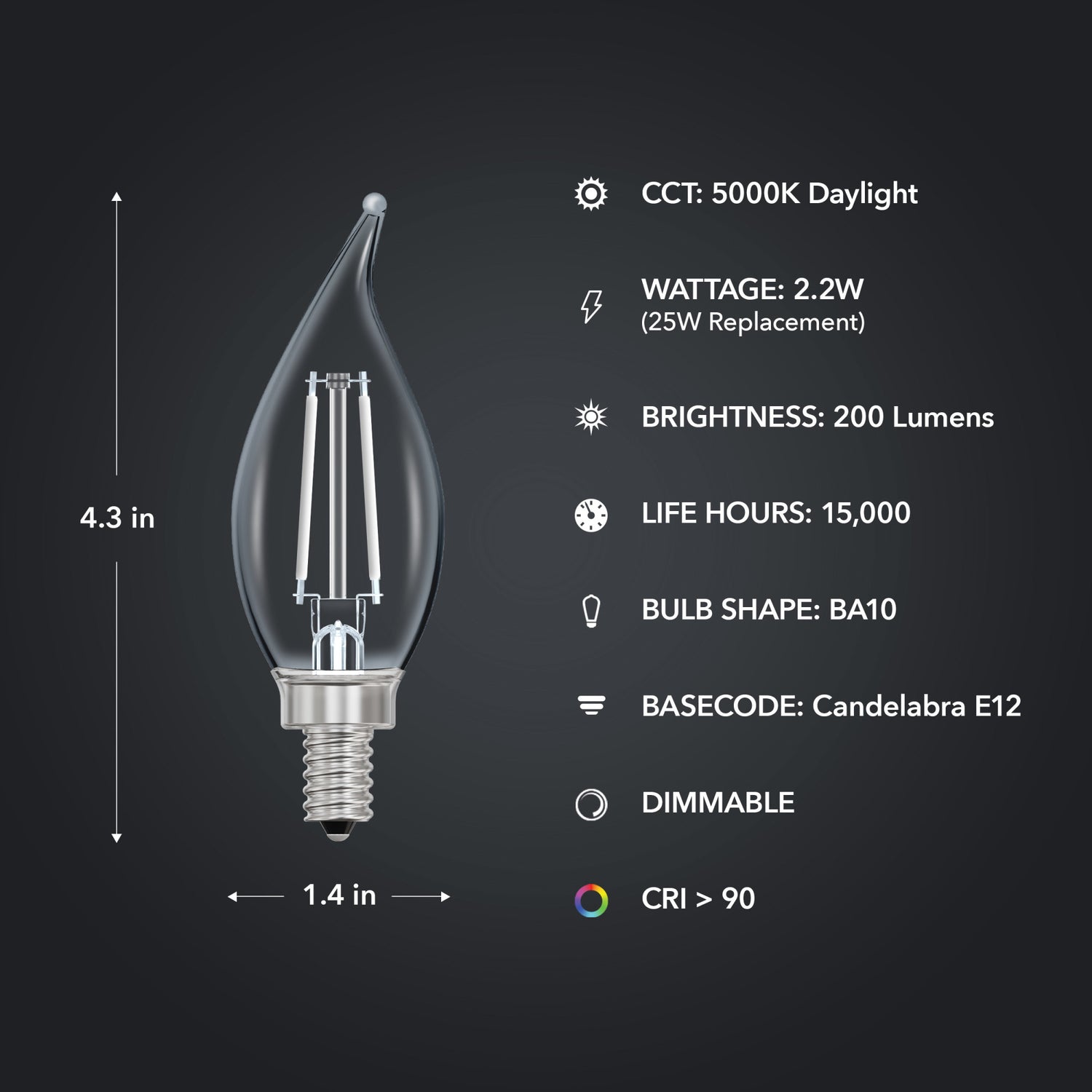 2.2W (25W Replacement) Daylight (5000K) E12 Base BA10 Flame Tip White Filament LED Bulb (3-Pack)