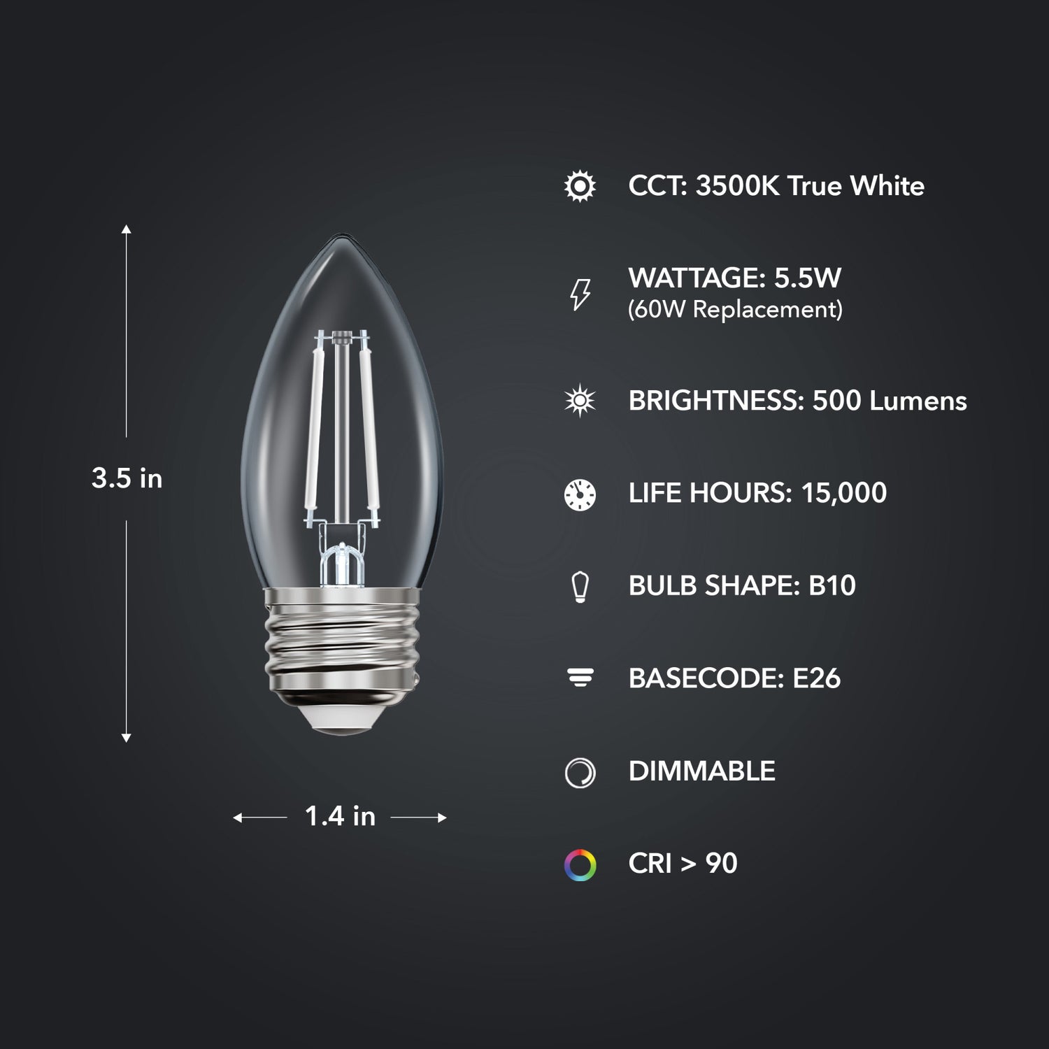 5.5W (60W Equivalent) True White (3500K) E26 Base B10 Torpedo Tip White Filament LED Bulb (3-Pack)