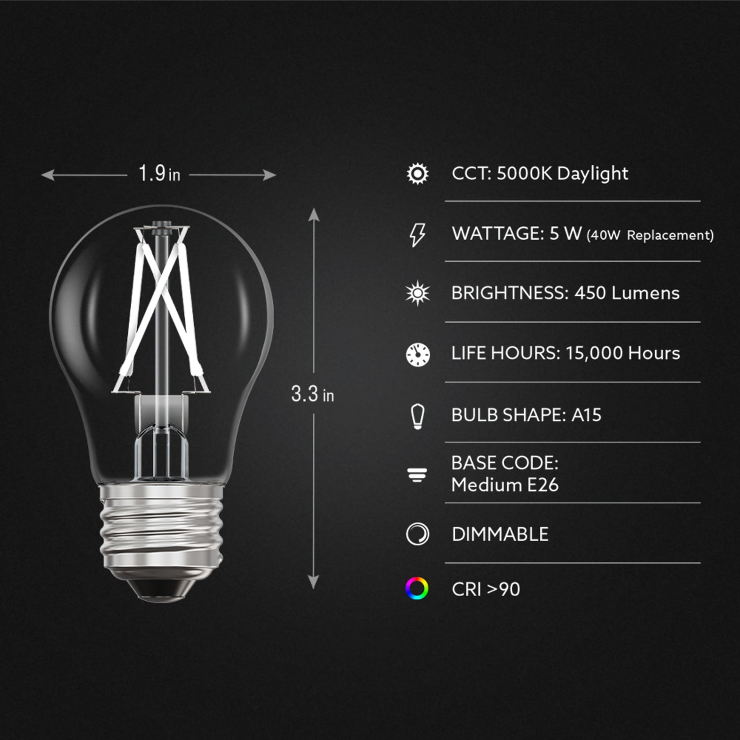 5W (40W Replacement) Daylight (5000K) A15 E26 Base Exposed White Filament LED Light Bulb (2-Pack)