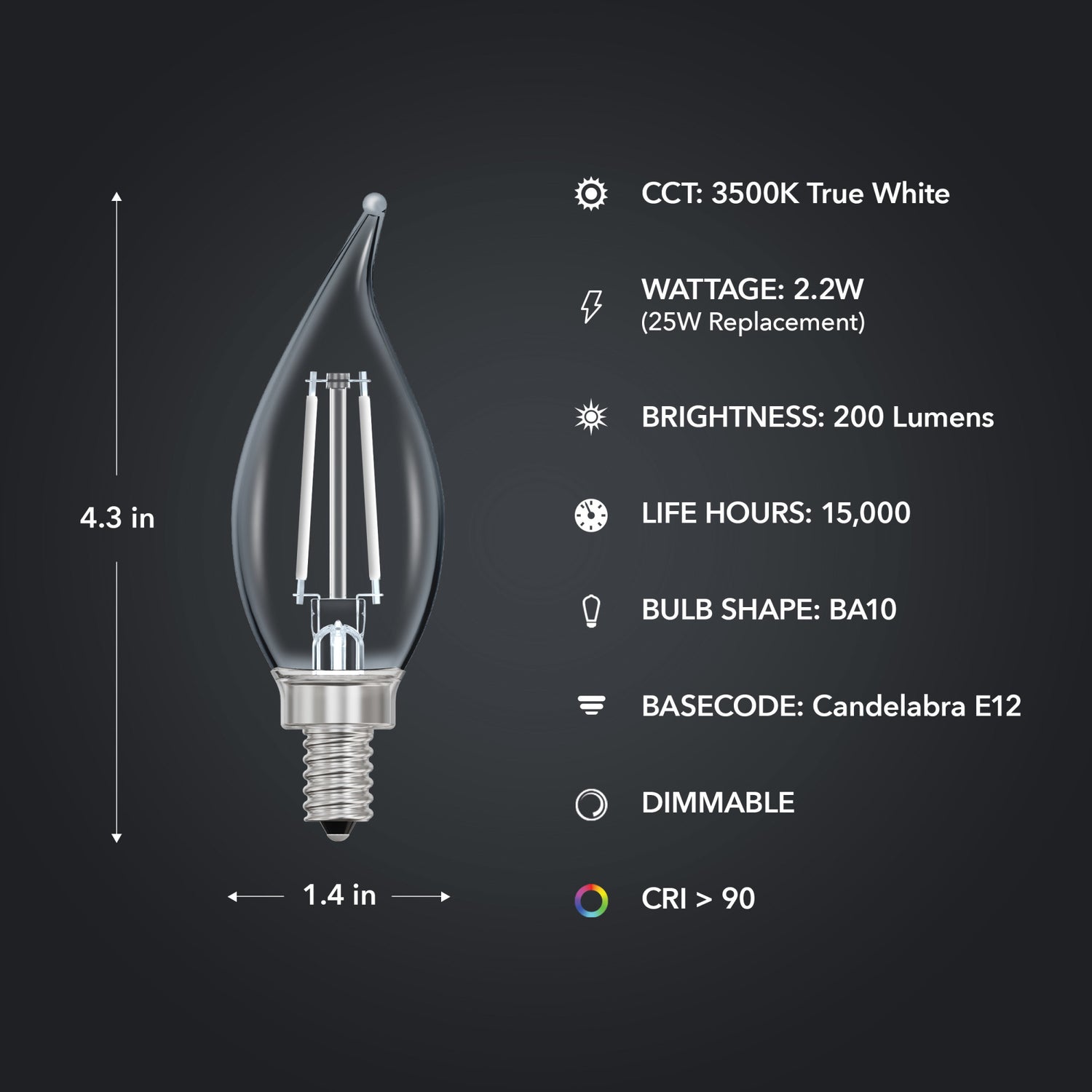 2.2W (25W Replacement) True White (3500K) E12 Base BA10 Flame Tip White Filament LED Bulb (3-Pack)