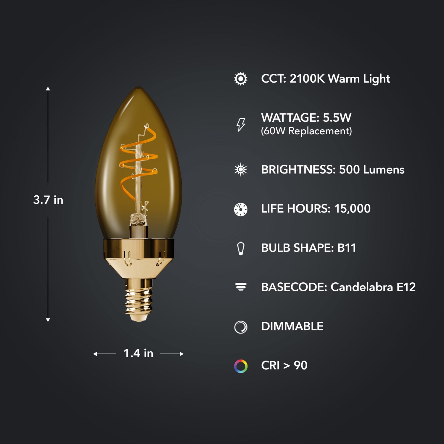 5.5W (60W Replacement) E12 Base B10 Torpedo Tip 3-Level Dimming Vintage LED Bulb, Warm Light (3-Pack)