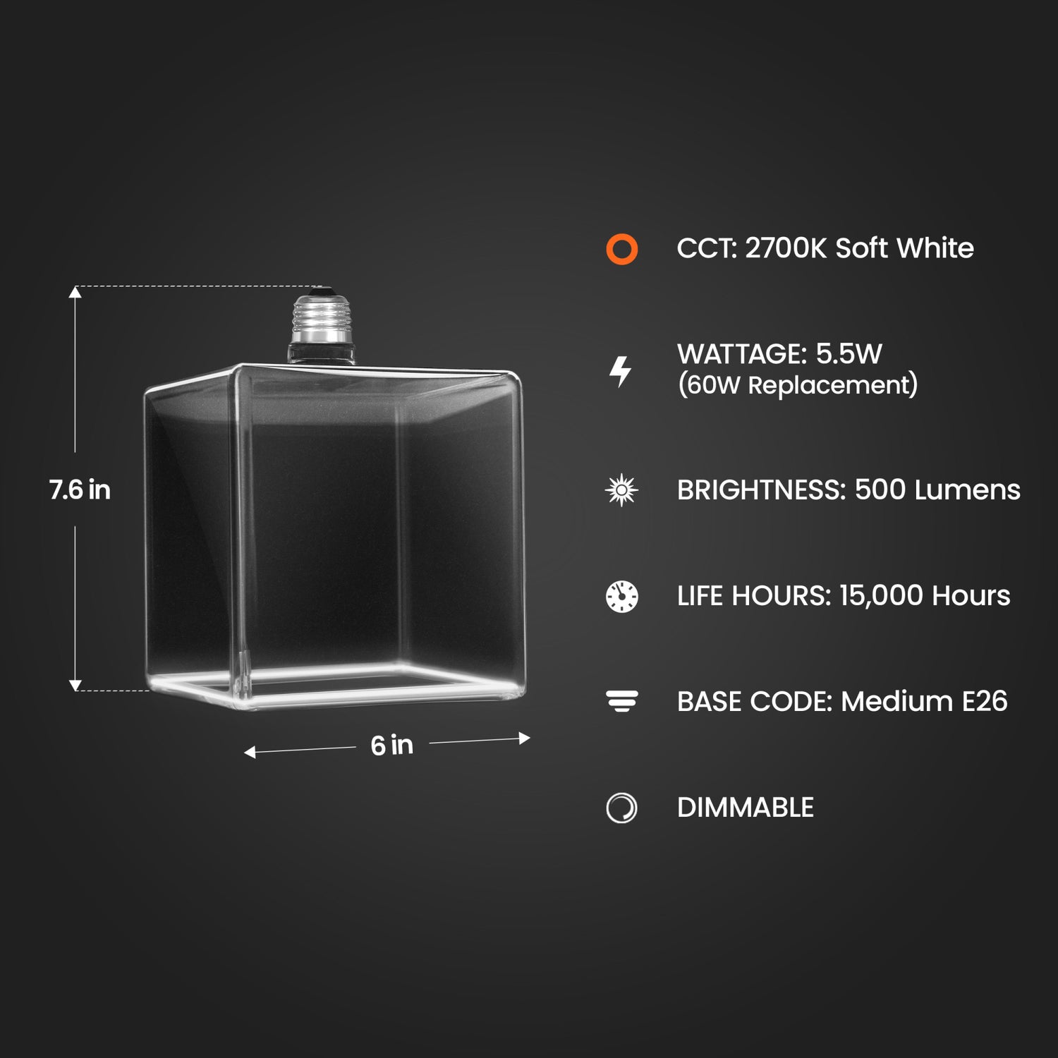 5.5W Soft White (2700K) Large Clear Cube White Filament LED Bulb