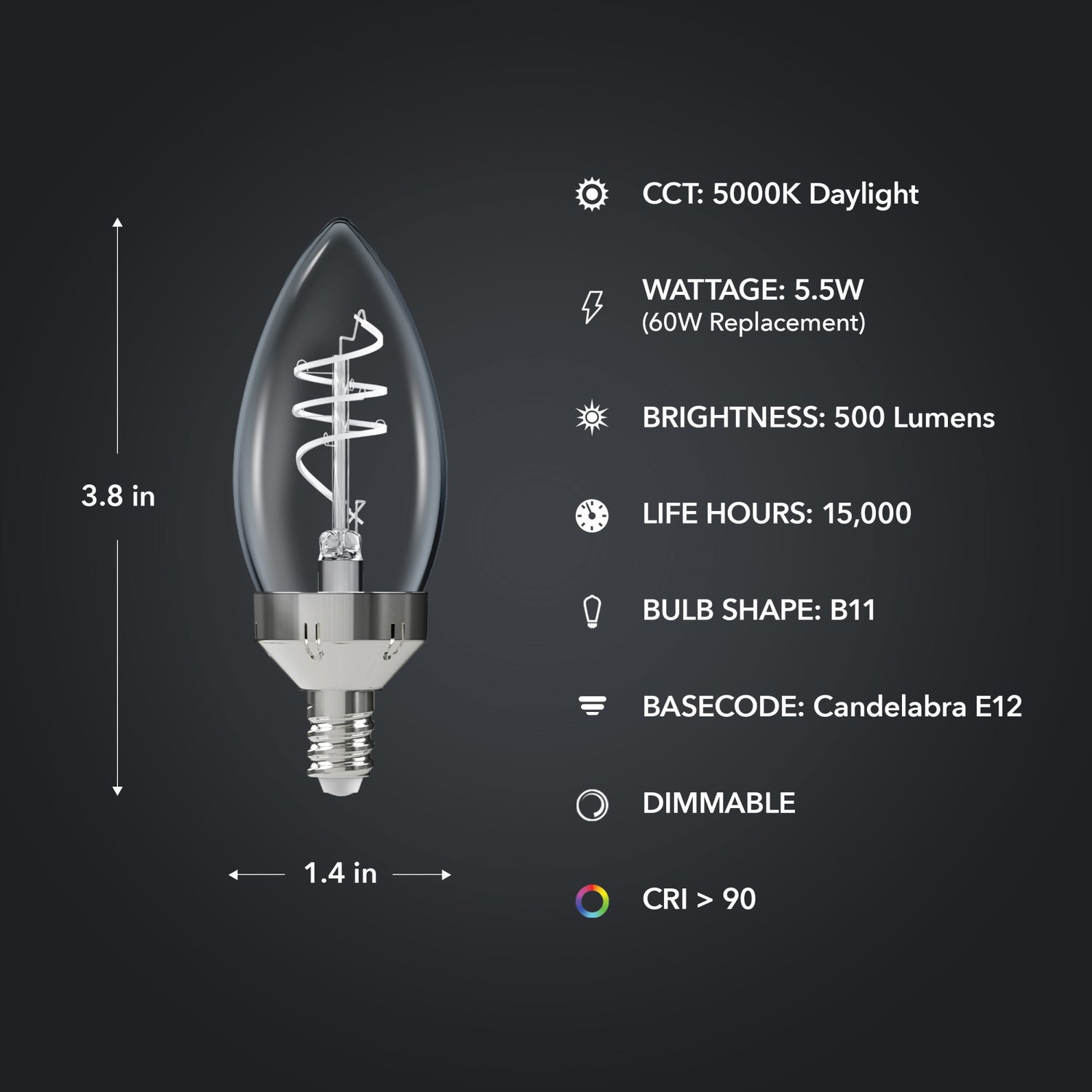 5.5W (60W Replacement) Daylight (5000K) E12 Base B11 Shape 3-Level Dimming Torpedo Tip White Filament LED Bulb (3-Pack)